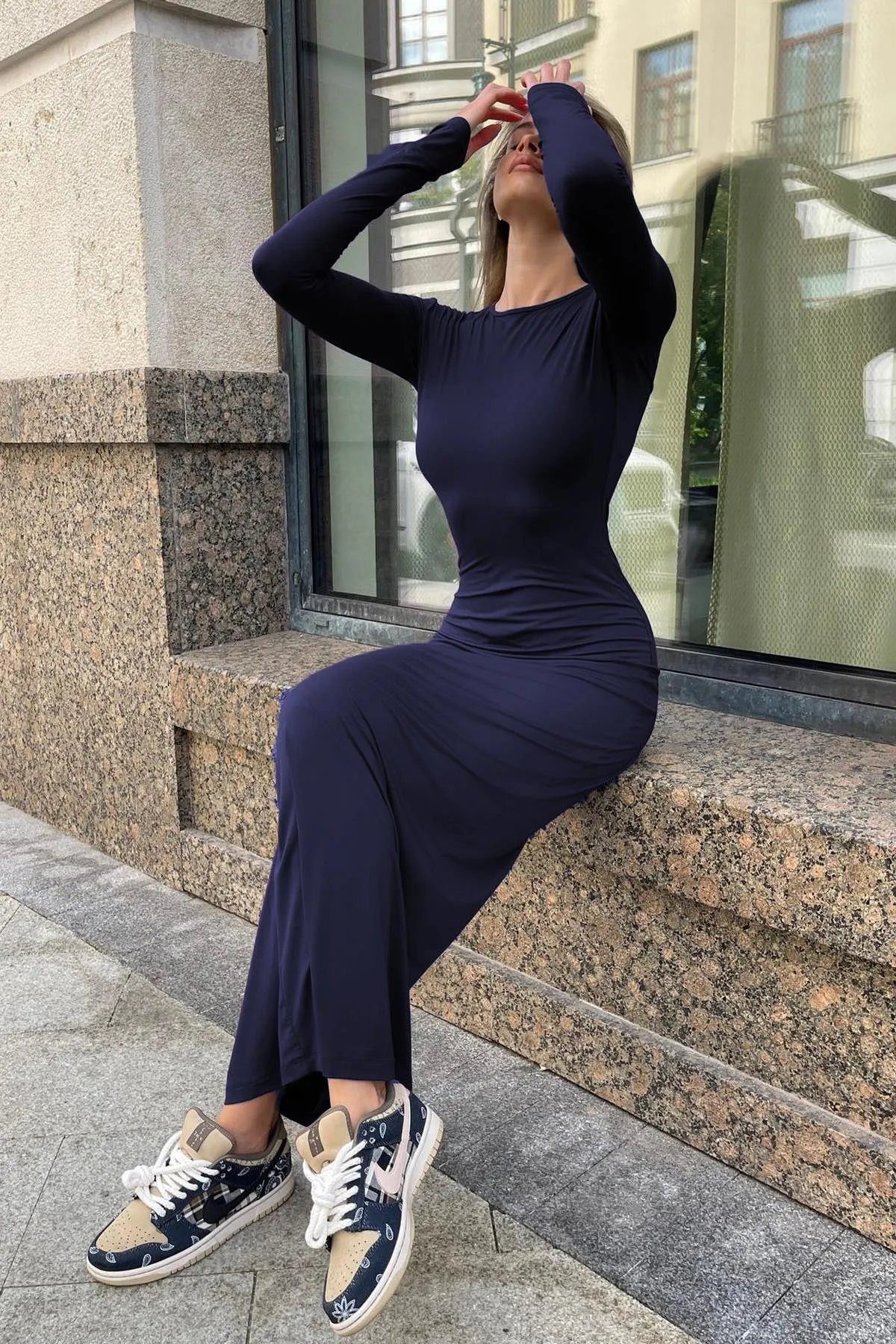 Madmext  Marineblaues Basic-Halbfischerkleid mit langen Ärmeln MG1947
