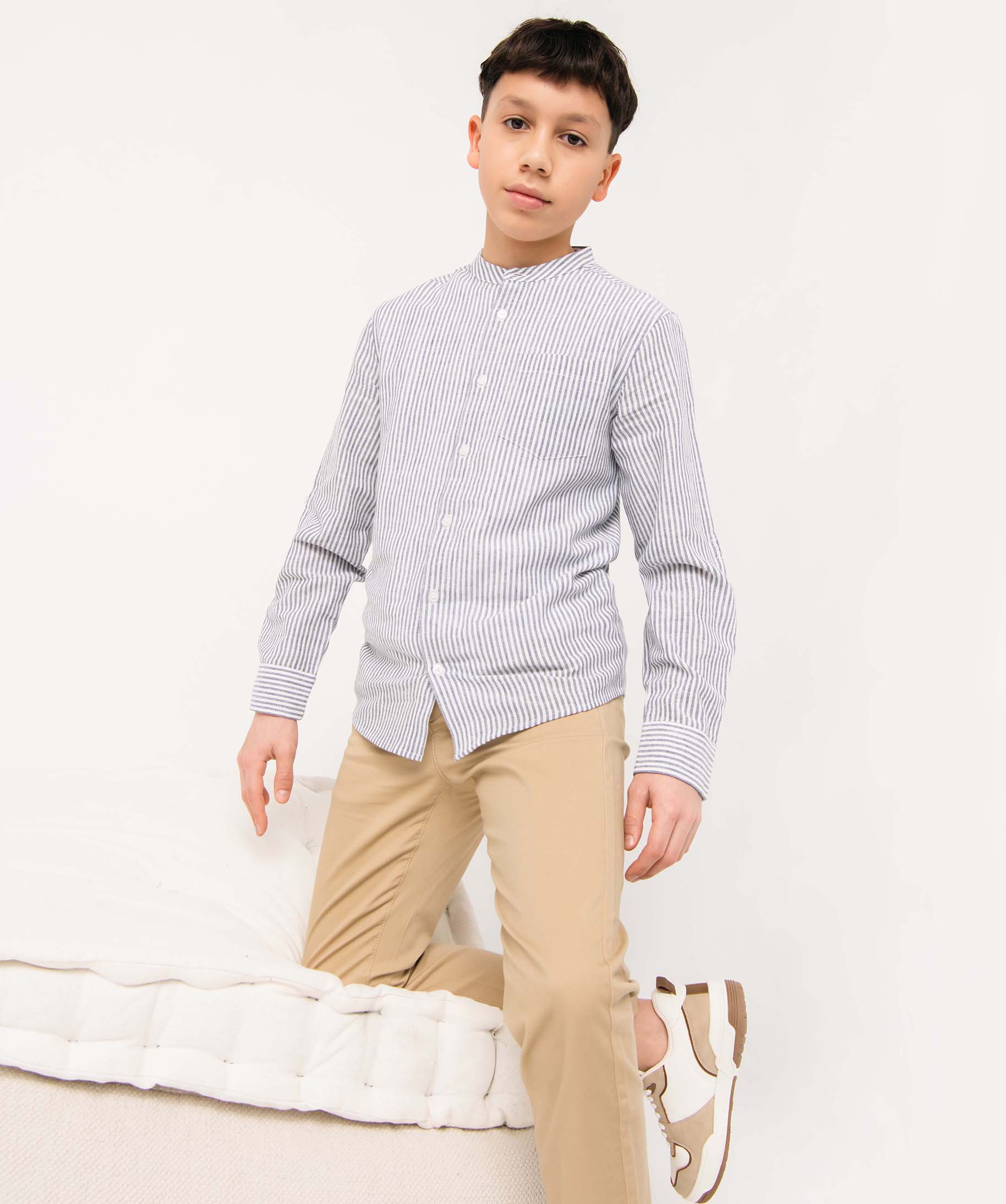 Chemise Garçon rayée à manches longues et col mao blanc | GEMO