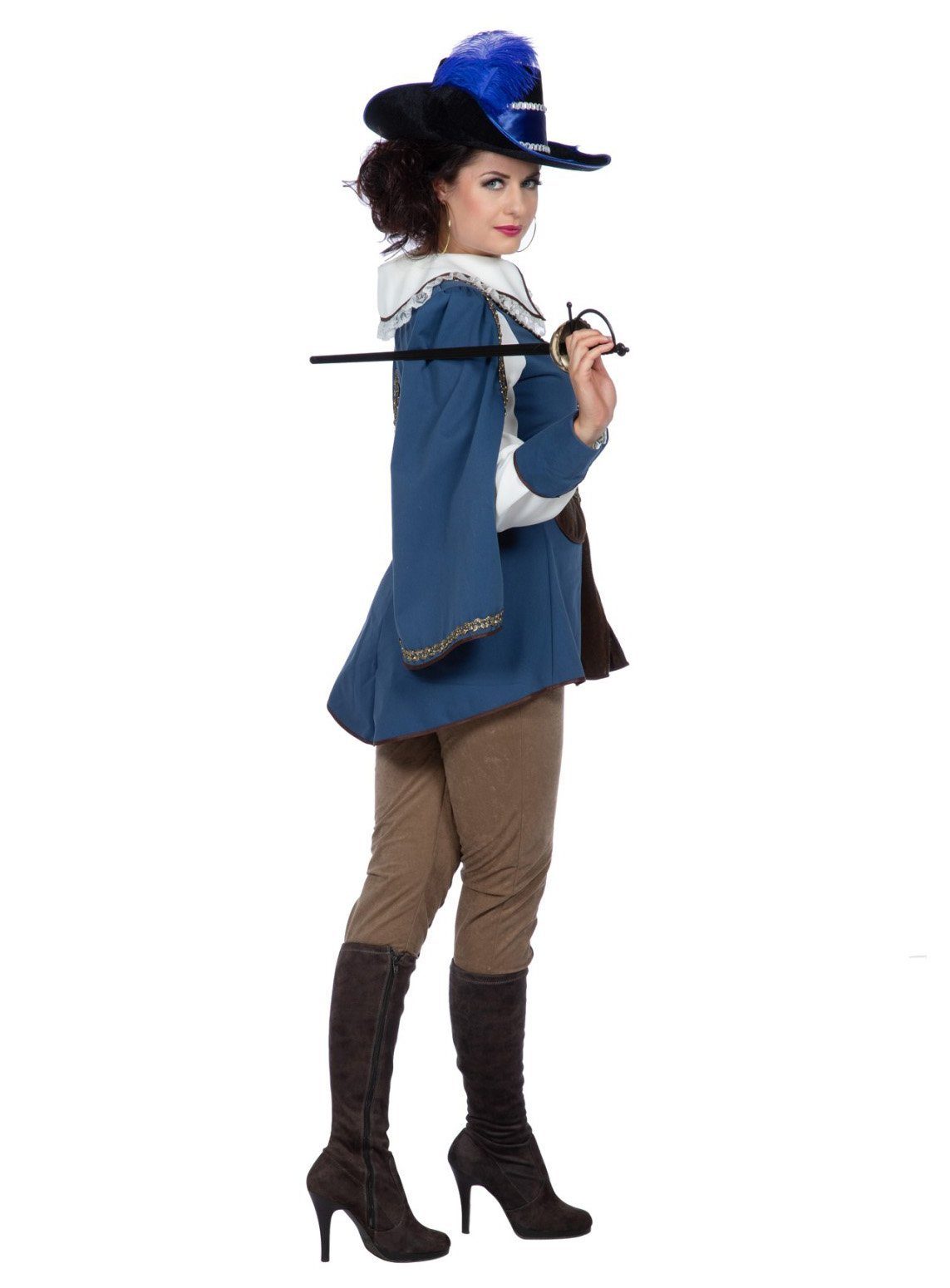 Metamorph Kostüm Blaues Musketier Kostüm für Frauen, Barocke Lady mit Mantel und Hose