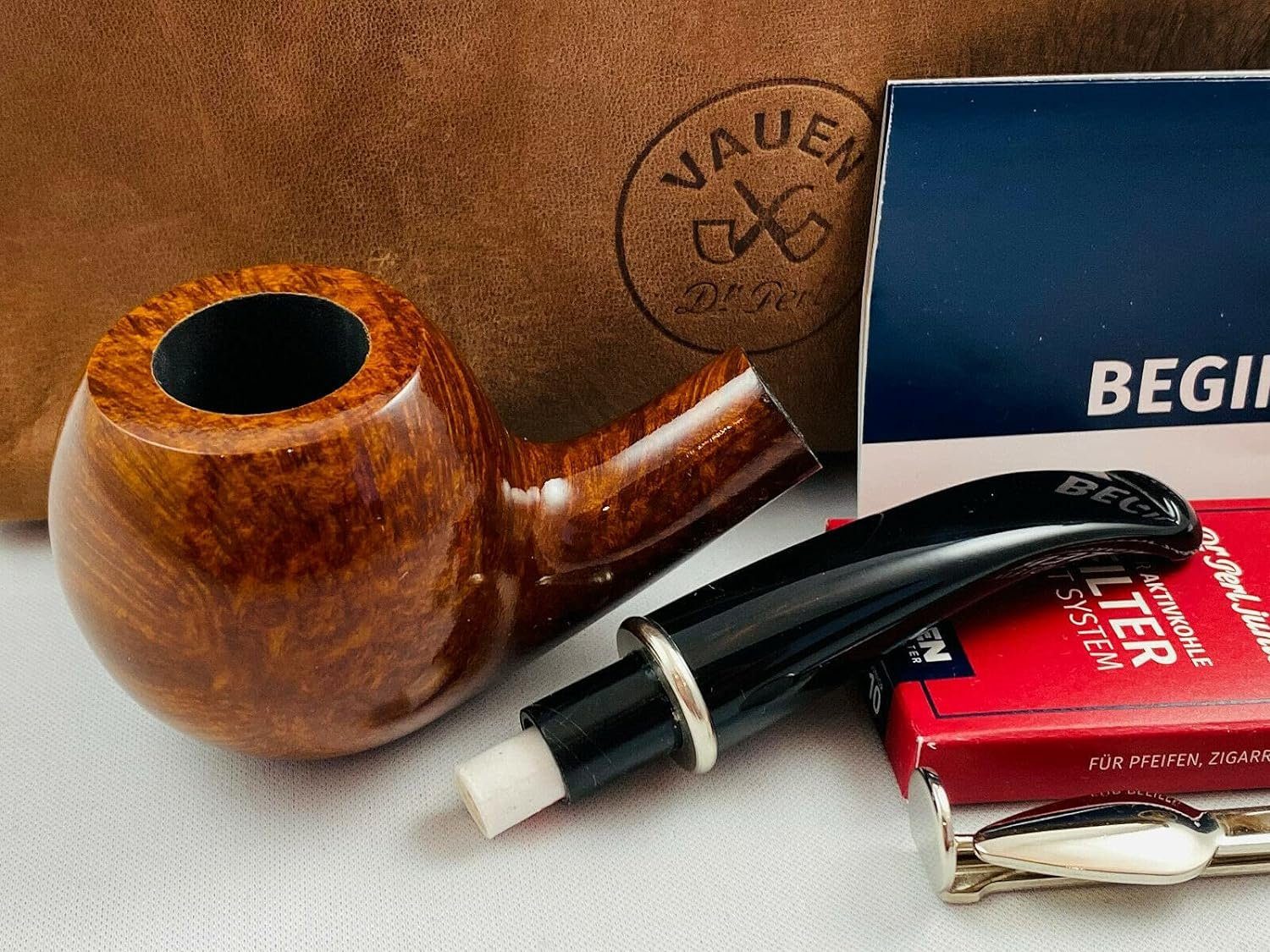 VAUEN Handpfeife VAUEN Tabakpfeife Starter Set mit viel Zubehör 9042 dunkel braun, inkl. Lederbeutel, praktischer Begleiter für unterwegs