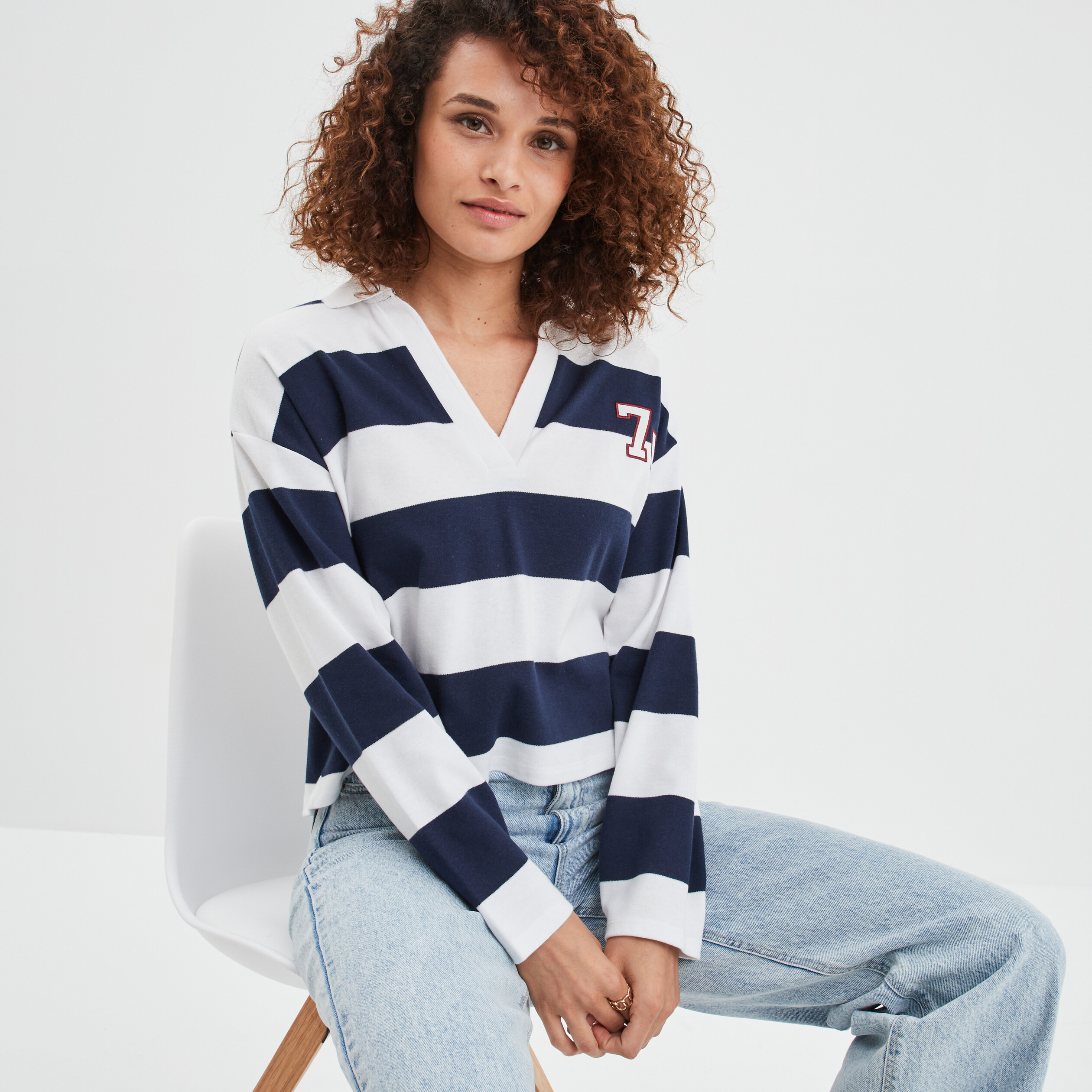 T-shirt col en V manches longues Creeks bleu marine femme | La Halle