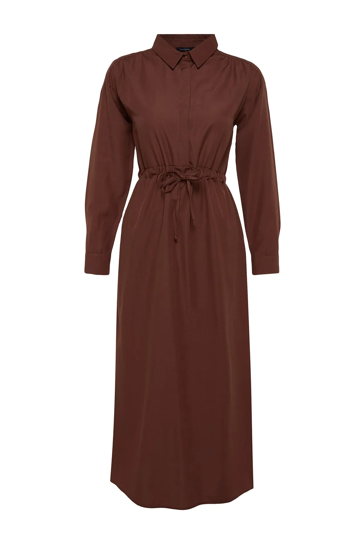 Trendyol Modest  Dunkelbraunes Kleid aus gewebter Baumwolle mit geraffter Taille TCTSS23EB00067