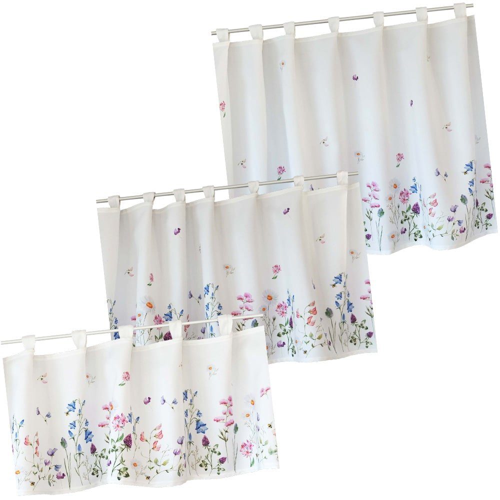 Scheibengardine Gardine Landhaus Wiesenblume 120x30 cm, matches21 HOME & HOBBY, Schlaufen (1 St)