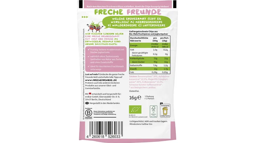 Freche Freunde Bio Smoothie-Chips Banane, Apfel, Erdbeere mit Joghurt 16 g