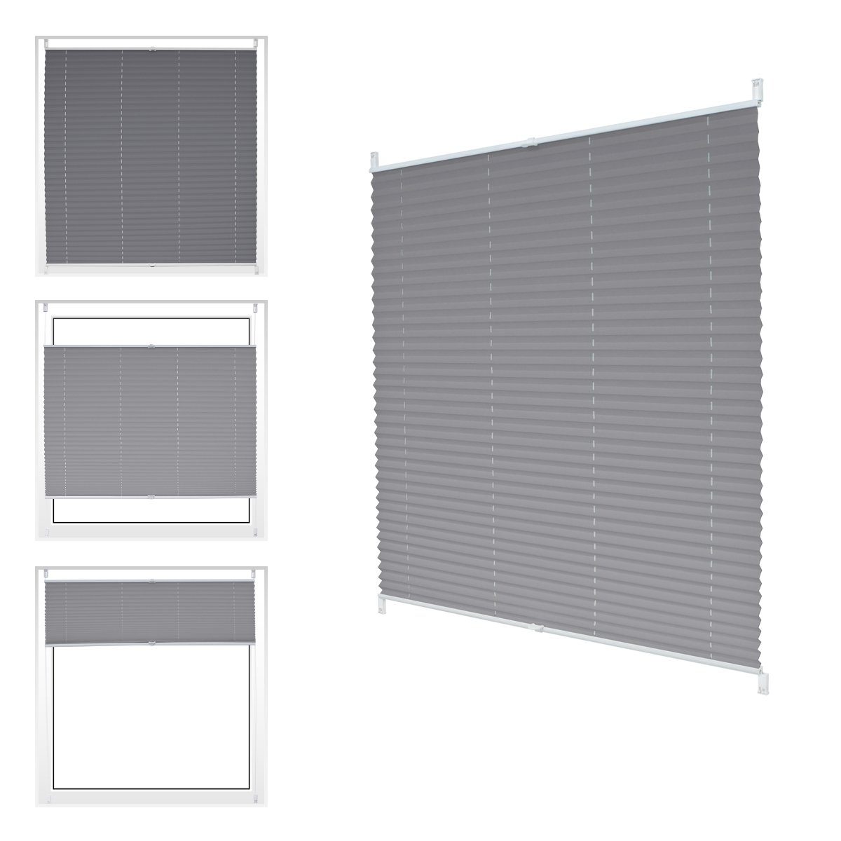 Plissee grau, 110x150 cm, inkl. Befestigungsmaterial, ECD Germany, Klemmfix, Klemmfix, Grau 110x150cm Klemmfix ohne Bohren EasyFix inkl. Befestigungsmaterial