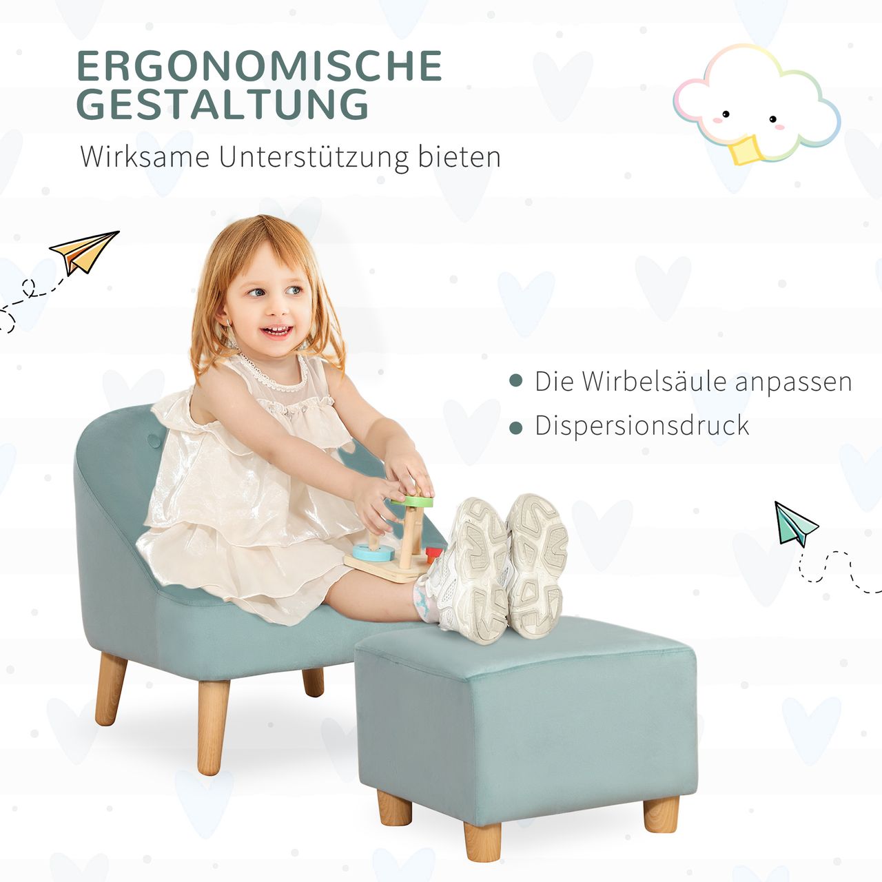 HOMCOM Kindersessel Kindersofa mit Fußhocker Kindercouch ab 3 Jahren Kindermöbel Kinderzimmer Samtoptik Eukalyptusholz Grün 51 x 51 x 50 cm