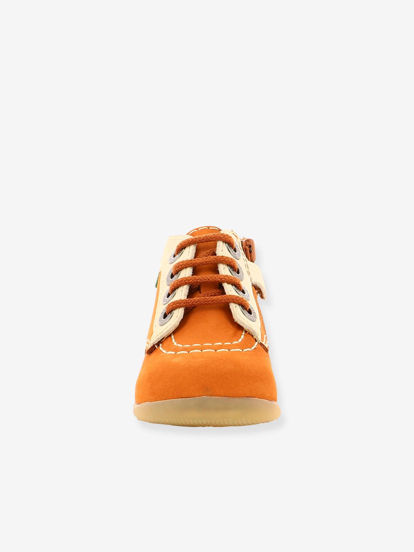 Bottillons cuir bébé Bonzip 2 KICKERS® 1ers pas camel jaune blanc