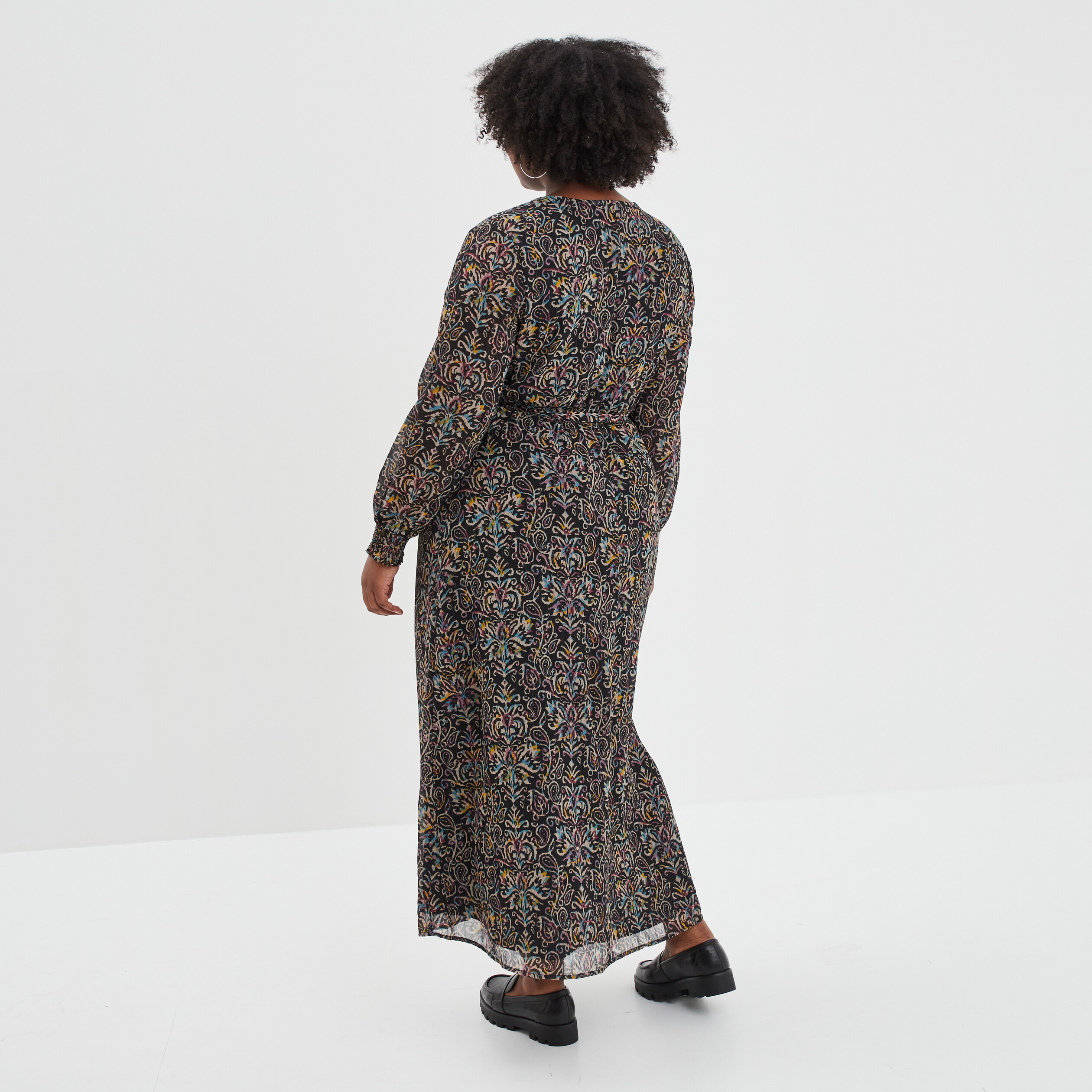 Robe longue ceinturée fils métallisés noir femme grande taille | La Halle