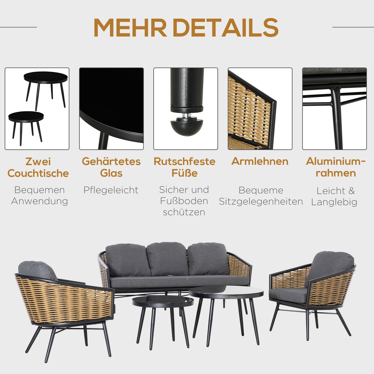 Outsunny Polyrattan Gartenmöbel Set 5-teiliges Rattensofa-Set Sitzgruppe Sitzgarnitur für Pause Lounge Teetisch mit Sofa Kissen Aluminium Natur