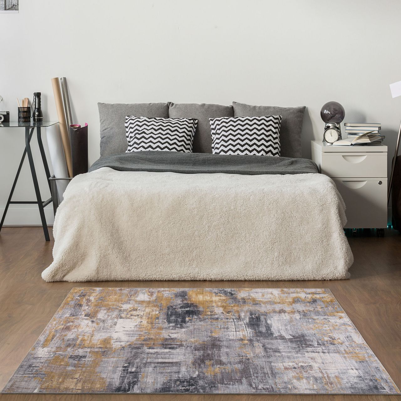 HOMCOM Teppich pfegeleicht Kurzflor Grau-Gelb 170 x 120 x 0,7 cm