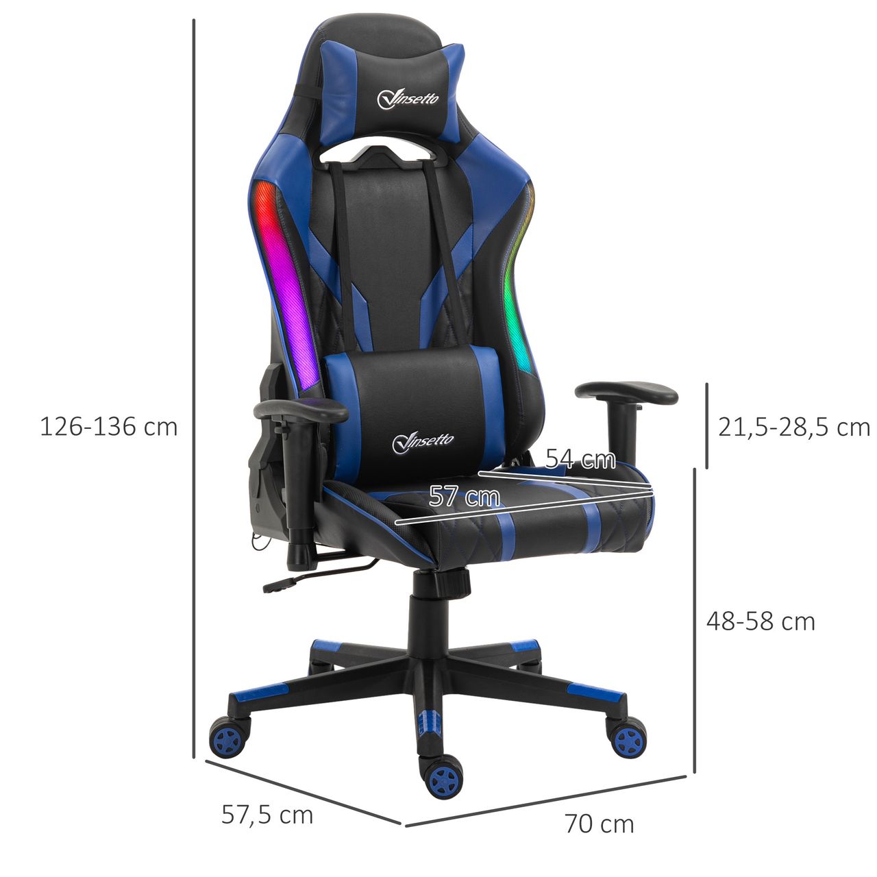 Vinsetto Bürostuhl LED Gaming Stuhl ergonomischer Drehstuhl mit Liegefunktion Handlauf anhebbar Schaumstoff Kunstleder Nylon Schwarz Blau 70 x 57,5 x 126-136 cm