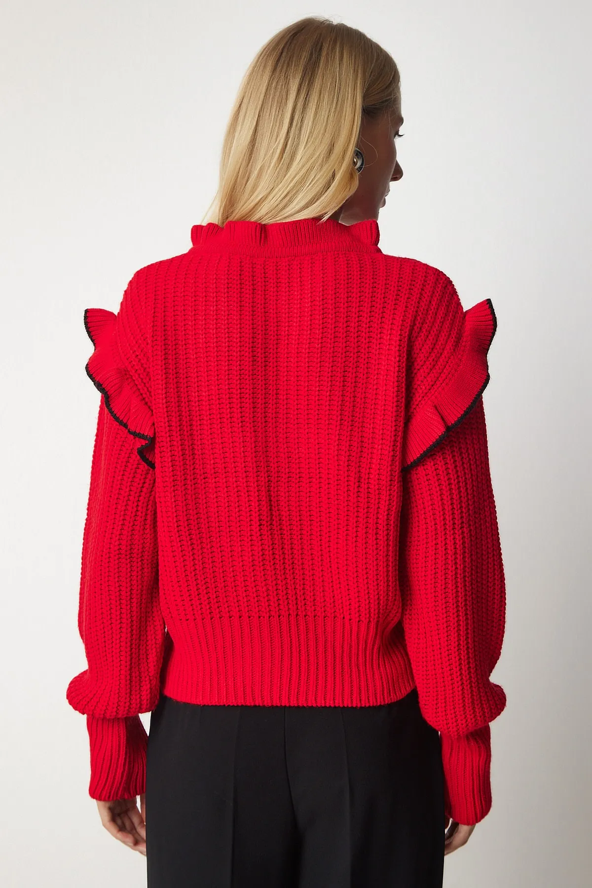 Happiness İstanbul  Roter Strickpullover mit Rüschenkragen und Schleife für Damen MT00112