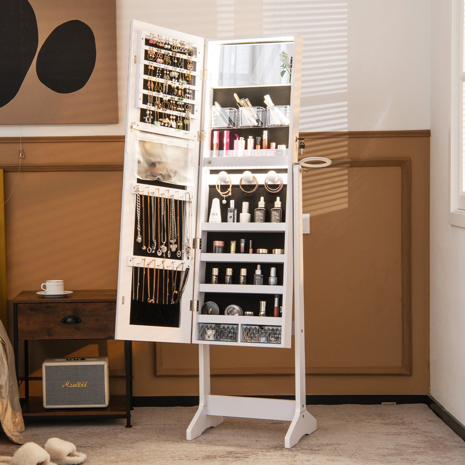 COSTWAY Schmuckschrank stehend, mit Spiegel & LED, abschließbar, weiß, 156 cm