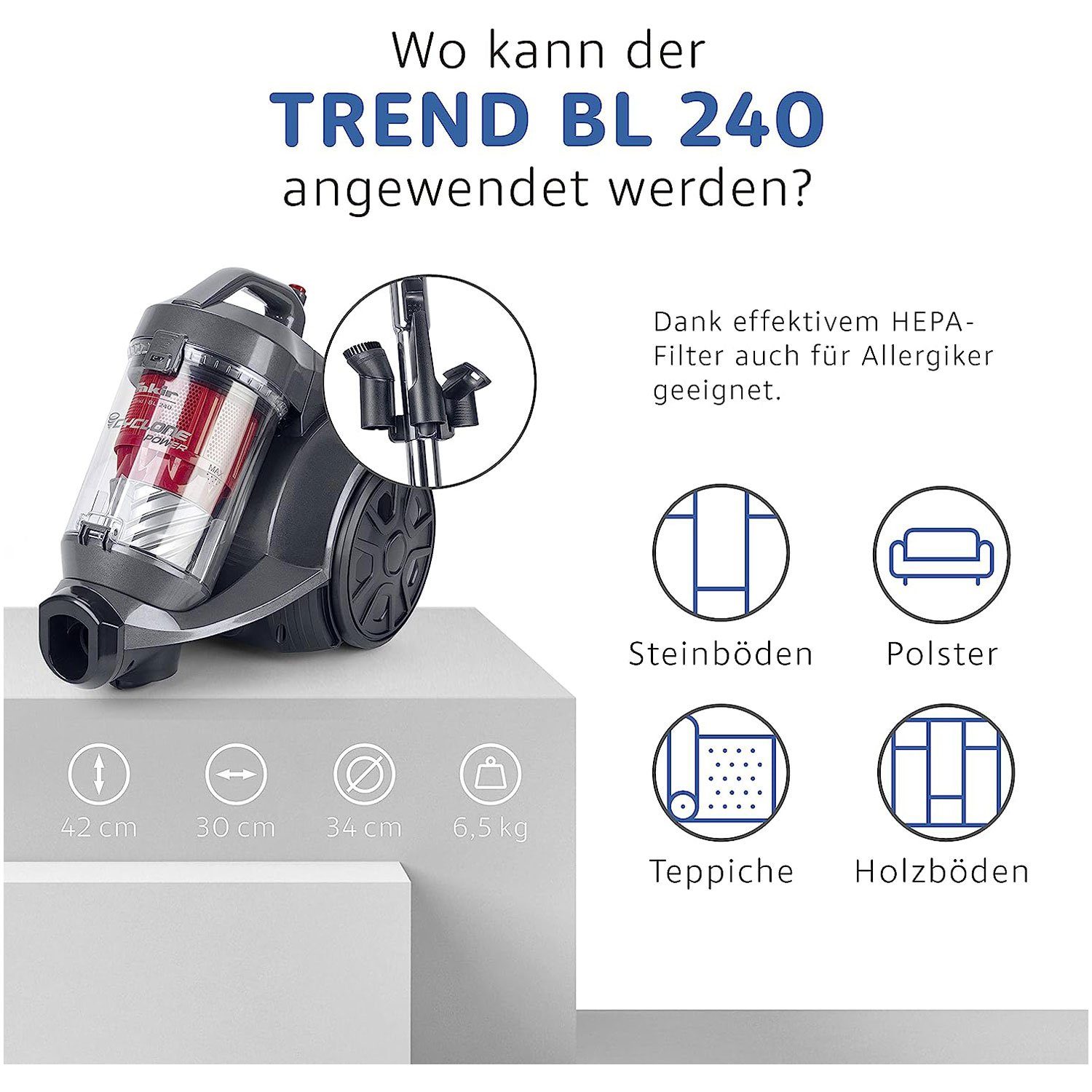 FAKIR Bodenstaubsauger BL 240, 700 W, beutellos, beutellos, HEPA 13-Filter, Metall-Teleskoprohr, gummierte Räder