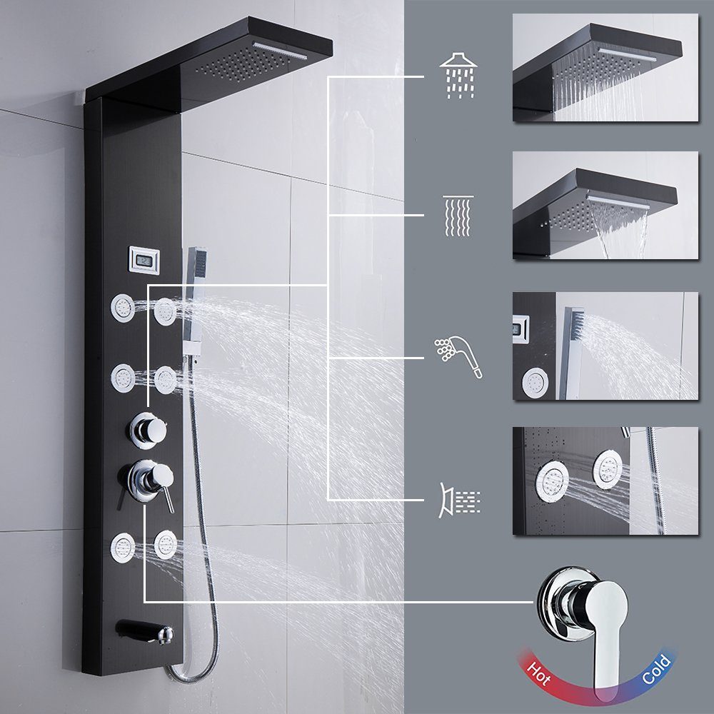 XIIW Duschsystem Duschsystem Edelstahl Duschpaneel Duschsäulen,mit Regendusch, Massagedüsen Handbrause Wasserfalldusche Kopfbrause, mit 1,5m S/S flexibler Schlauch,Schwarz