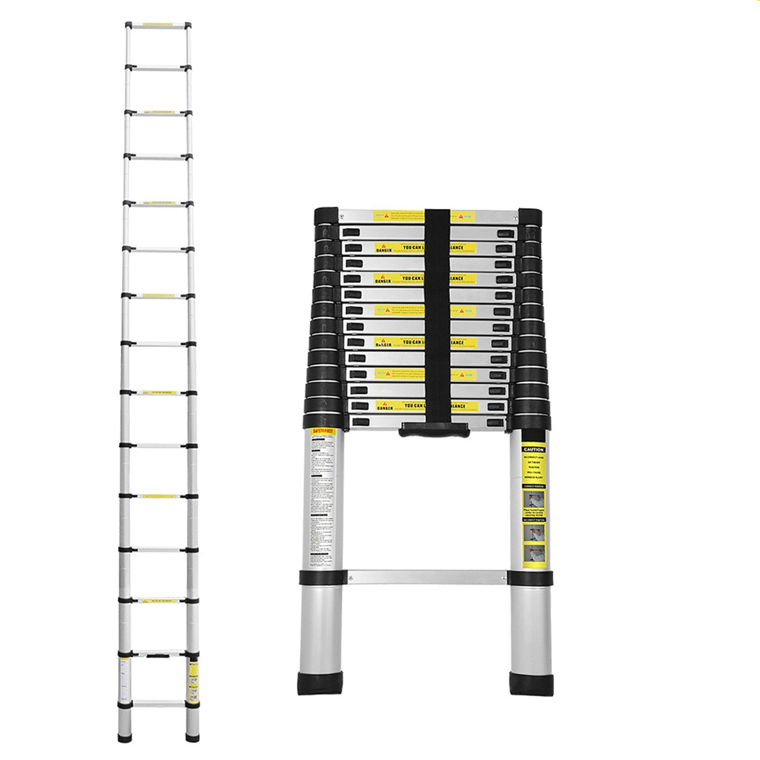 Lospitch Teleskopleiter Teleskopleiter Alu 4.4m Ausziehleiter Anlegeleiter Silber