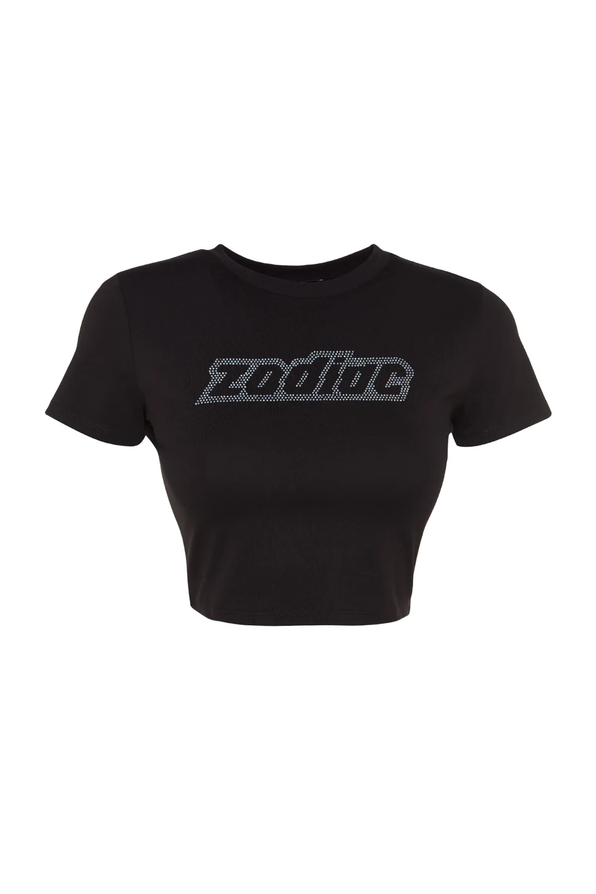 Trendyol Collection  Schwarzes, mit Steinen bedrucktes, kurz geschnittenes, dehnbares Strick-T-Shirt aus Baumwolle mit Rundhalsausschnitt und Rundhalsausschnitt TWOSS23TS00128