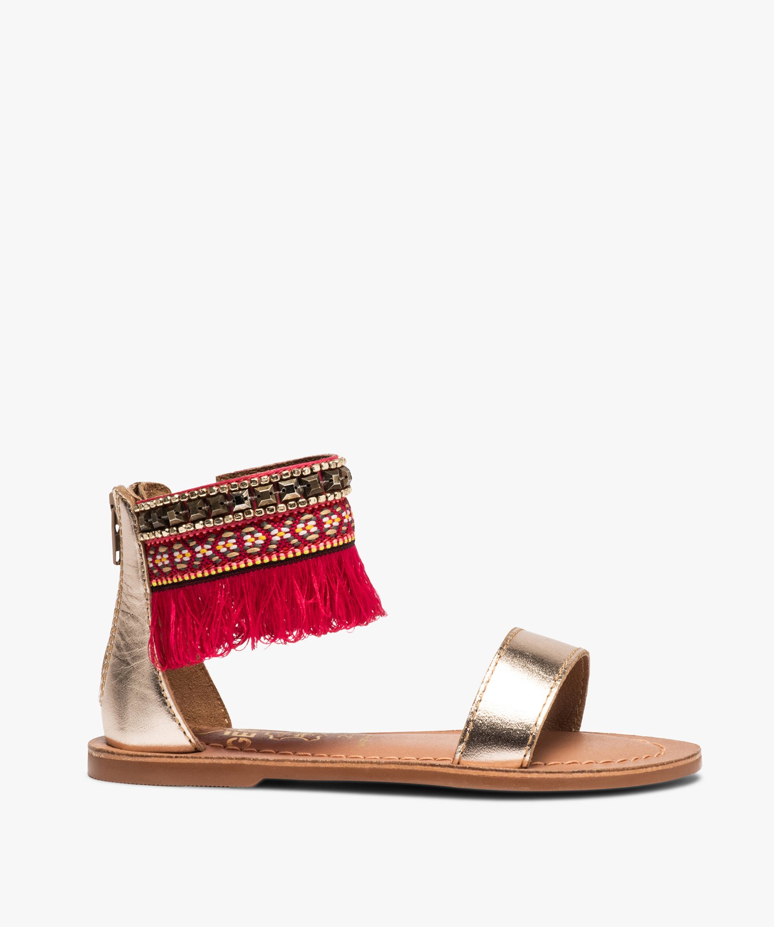 Sandales fille avec bride cheville ornée de perles et franges camel | GEMO