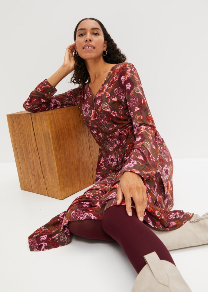Jerseykleid mit V-Ausschnitt und Bindeband