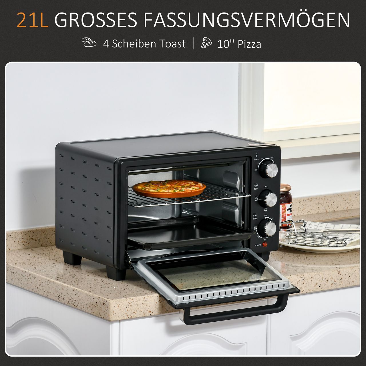 HOMCOM Minibackofen 21L einstellbare Temperatur Ofen 3 Kochmodi Schwarz Silber