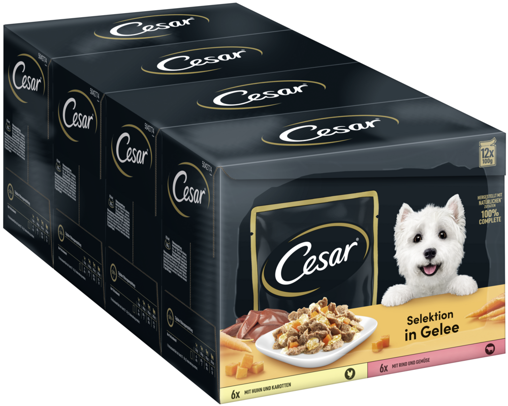 CESAR Portionsbeutel Multipack Selektion in Gelee mit Huhn und Karotten, mit Rind und Gemüse 12x100g