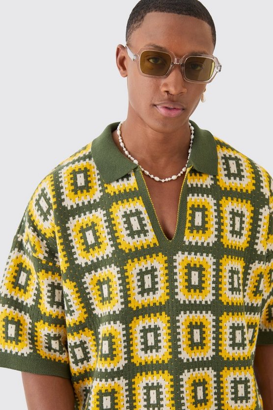 Kastiges gehäkeltes Oversize Poloshirt