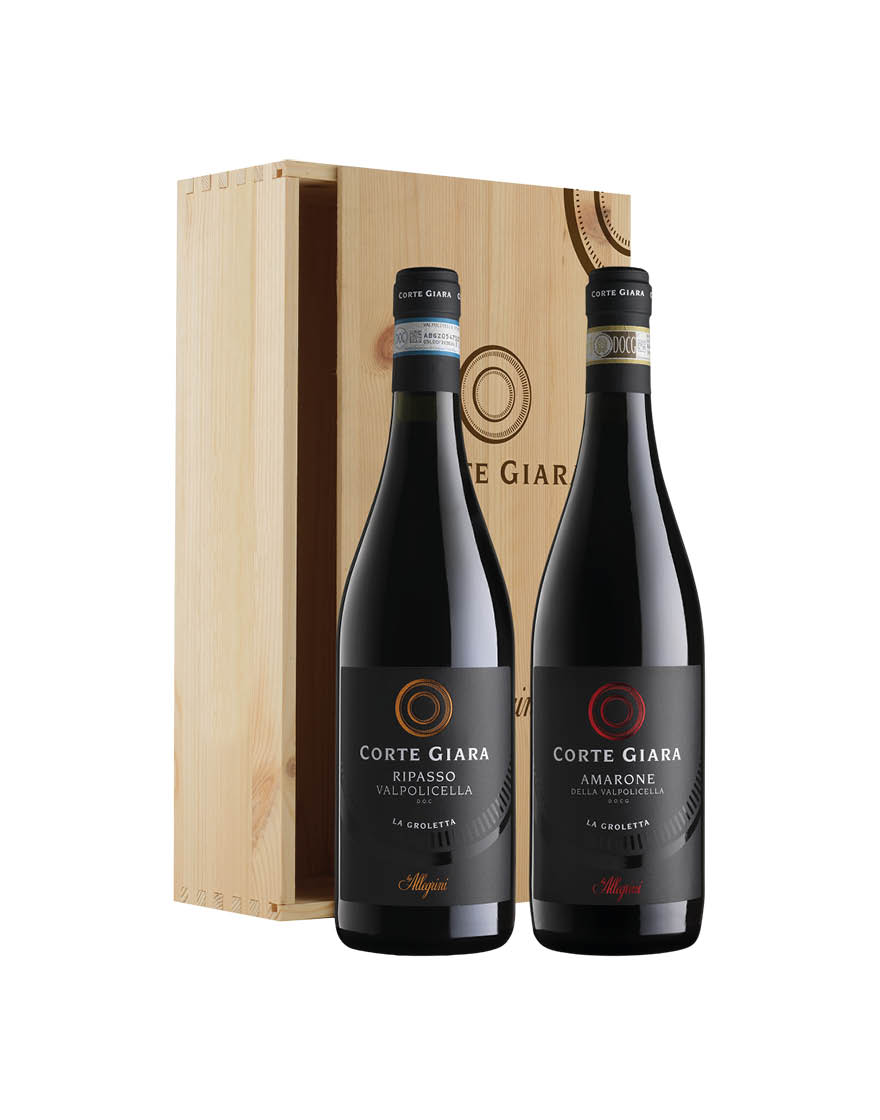 Amarone della Valpolicella DOCG,  Valpolicella Ripasso DOC la Groletta Corte Giara 2 bouteilles de 0,75 ℓ, Caisse bois
