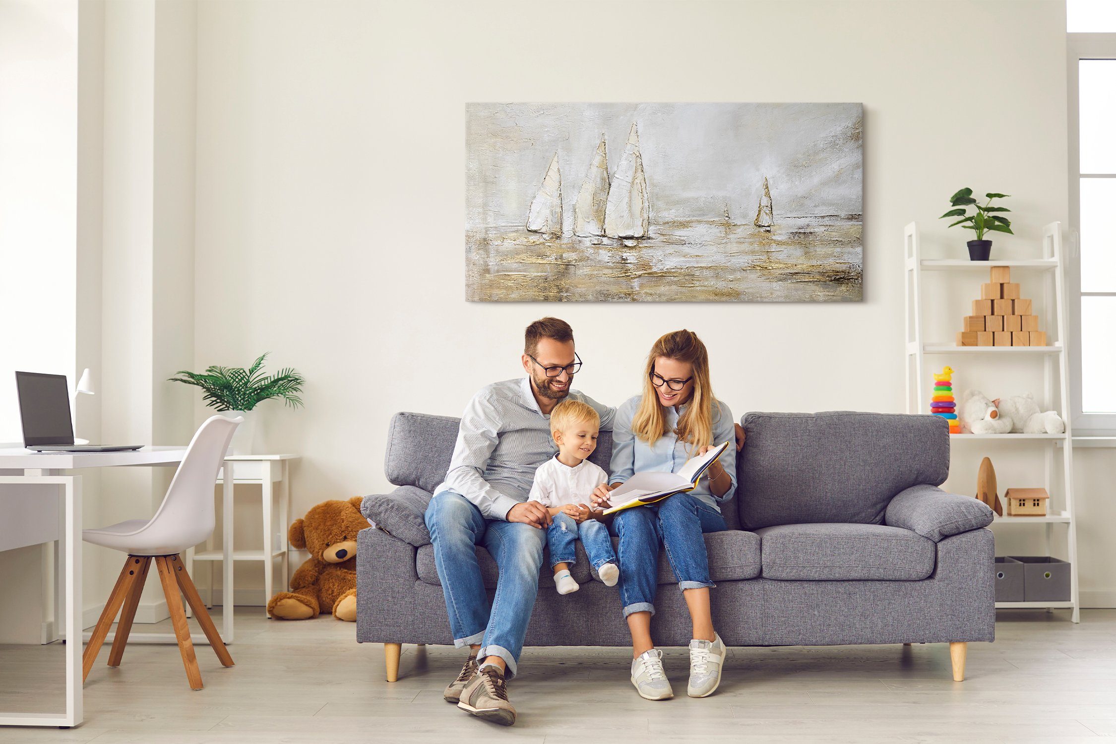 YS-Art Gemälde Sonnenblendung, Landschaftsbilder, Gold Segelboote Meer Wasser Leinwand Bild Handgemalt