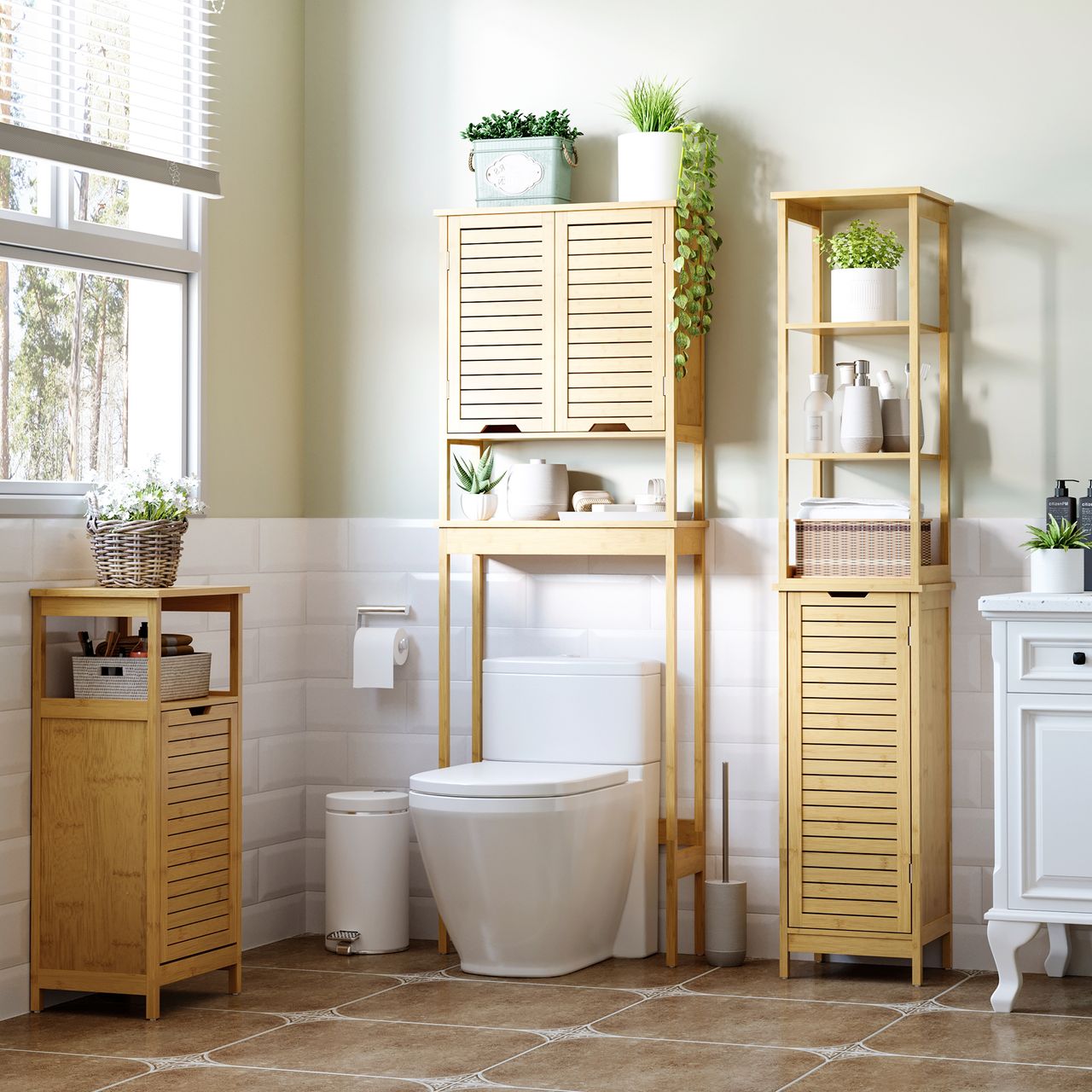 kleankin Badezimmerschrank Badezimmer Hochschrank mit 3 offenen Fächer Natur