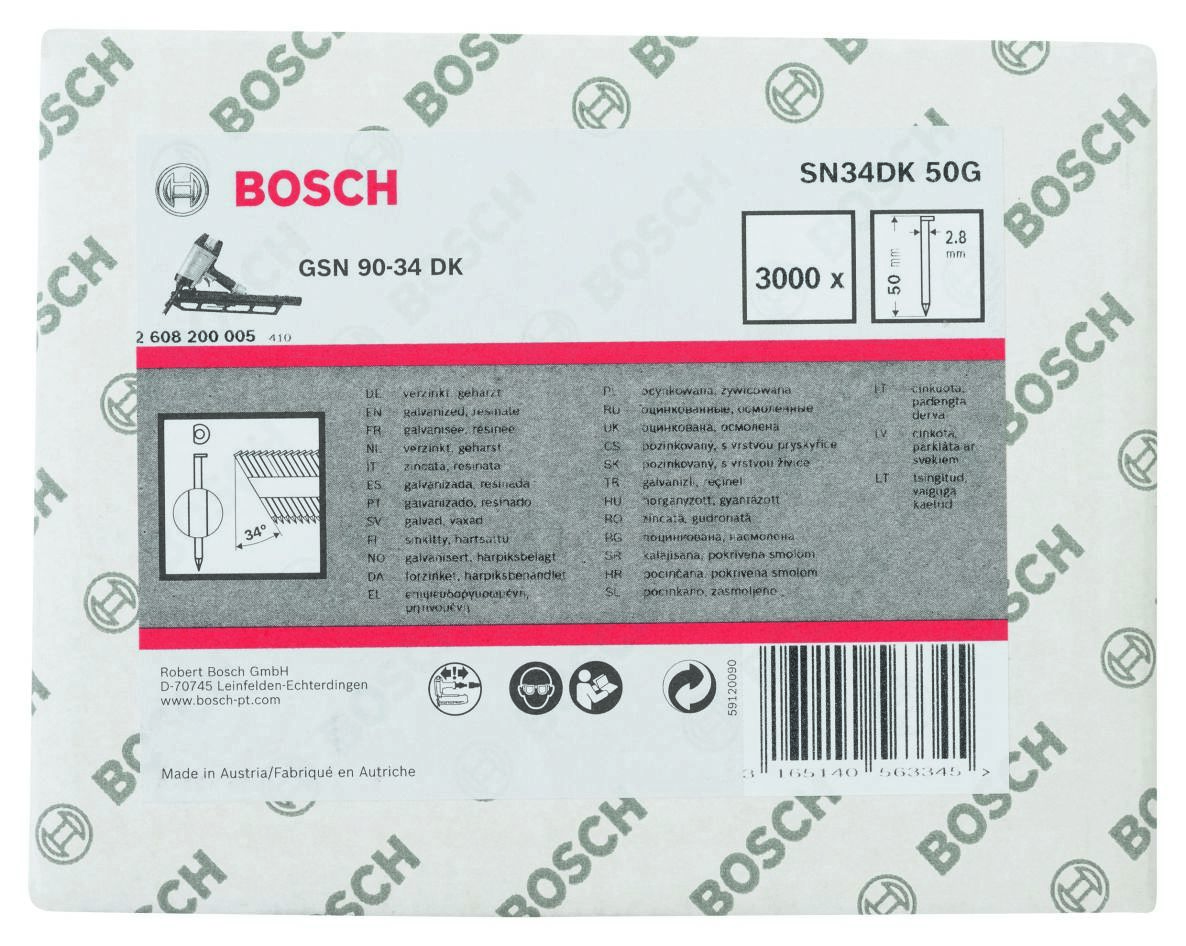 Bosch Blue Accessories 2608200005 SN34 DK 50G Gwoździe taśmowe 34° D-Head ocynkowane gładkie 50 mm 3000 sztuk