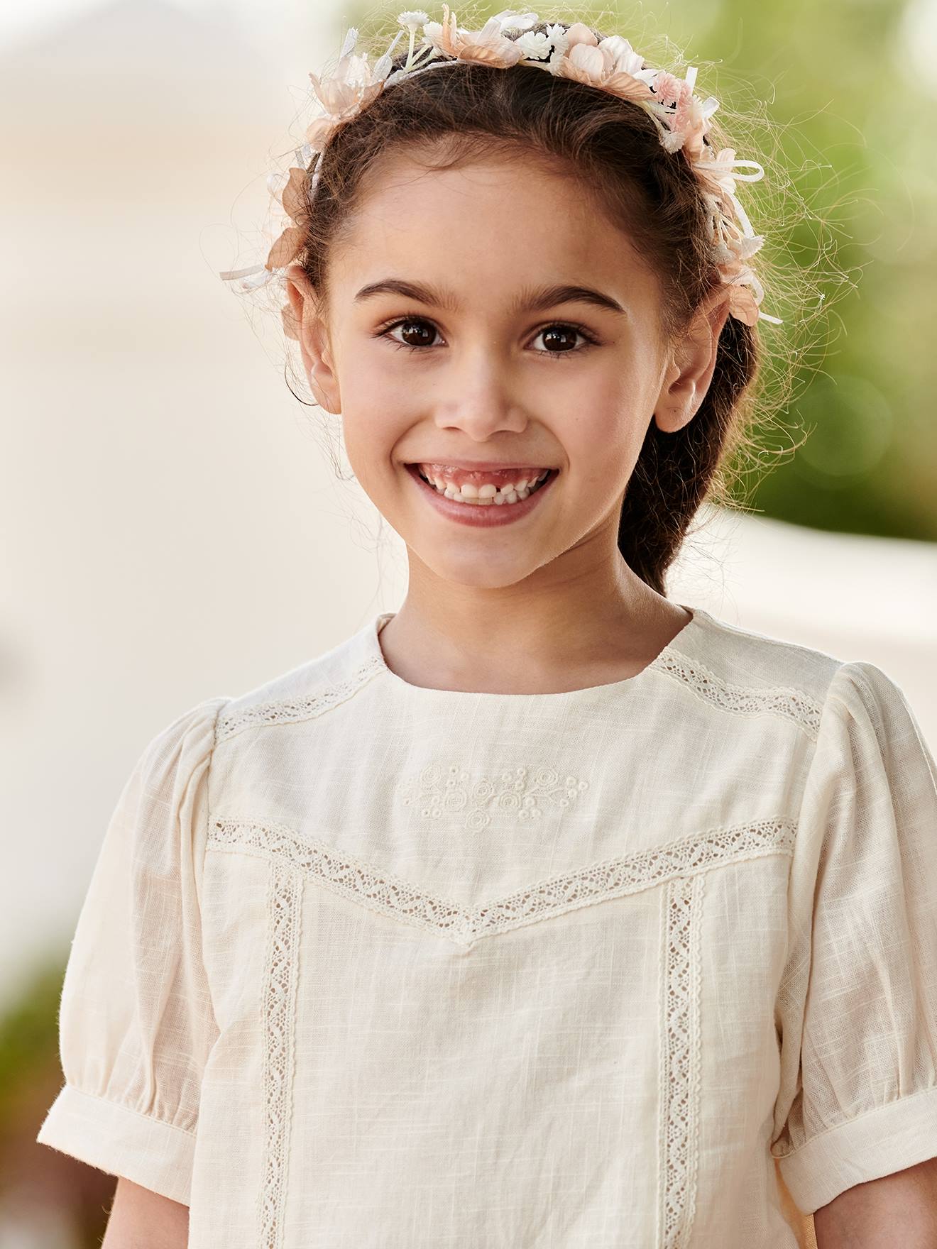 Blouse à dentelle effet lin fille écru