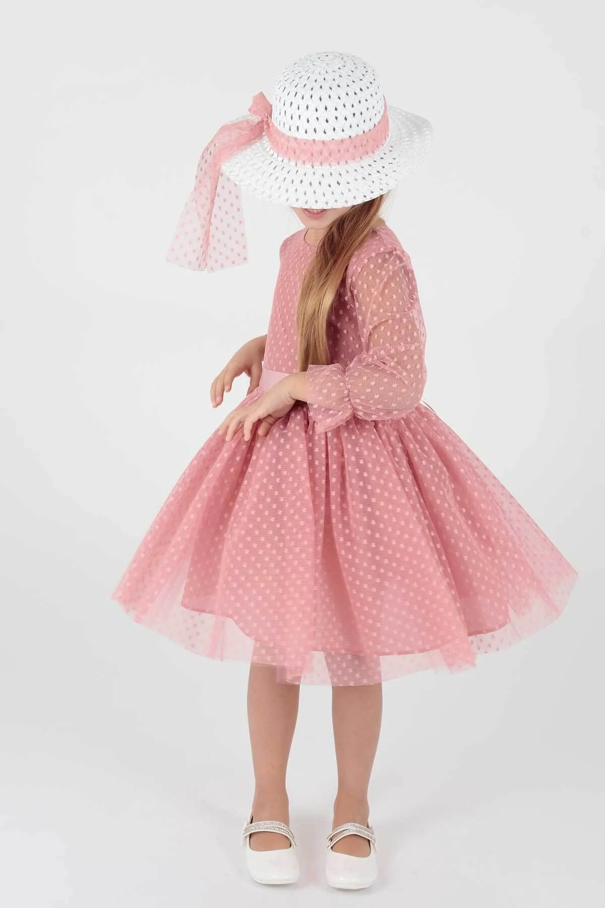 AHENGİM  Trendiges Abendkleid für Mädchen mit Hut und Tüllspitze Ak2228