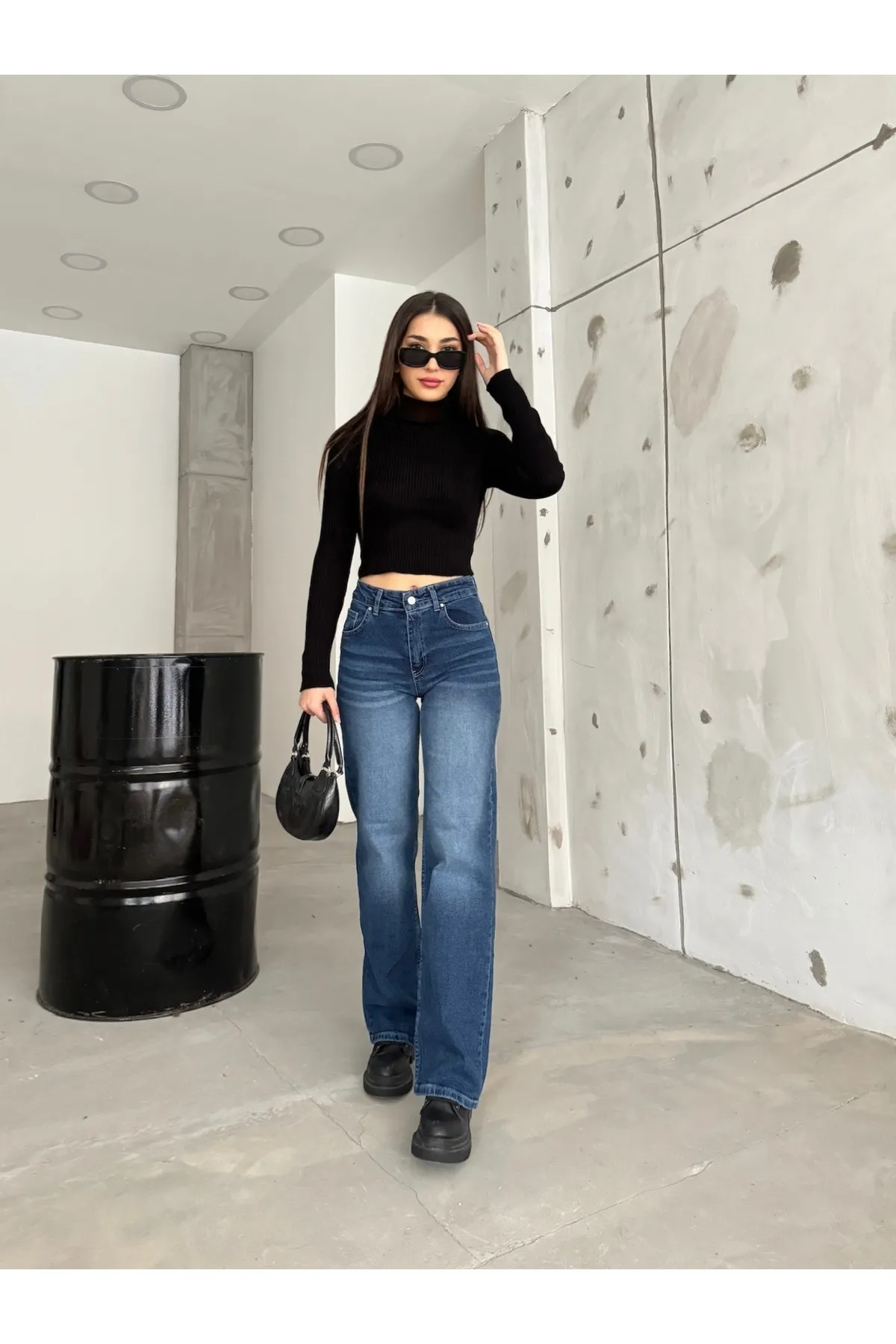 BİKELİFE  Damen-Palazzo-Jeans aus Lycra mit hoher Taille und weitem Bein in Blau mit hellem Effekt und weitem Bein in Segelblau