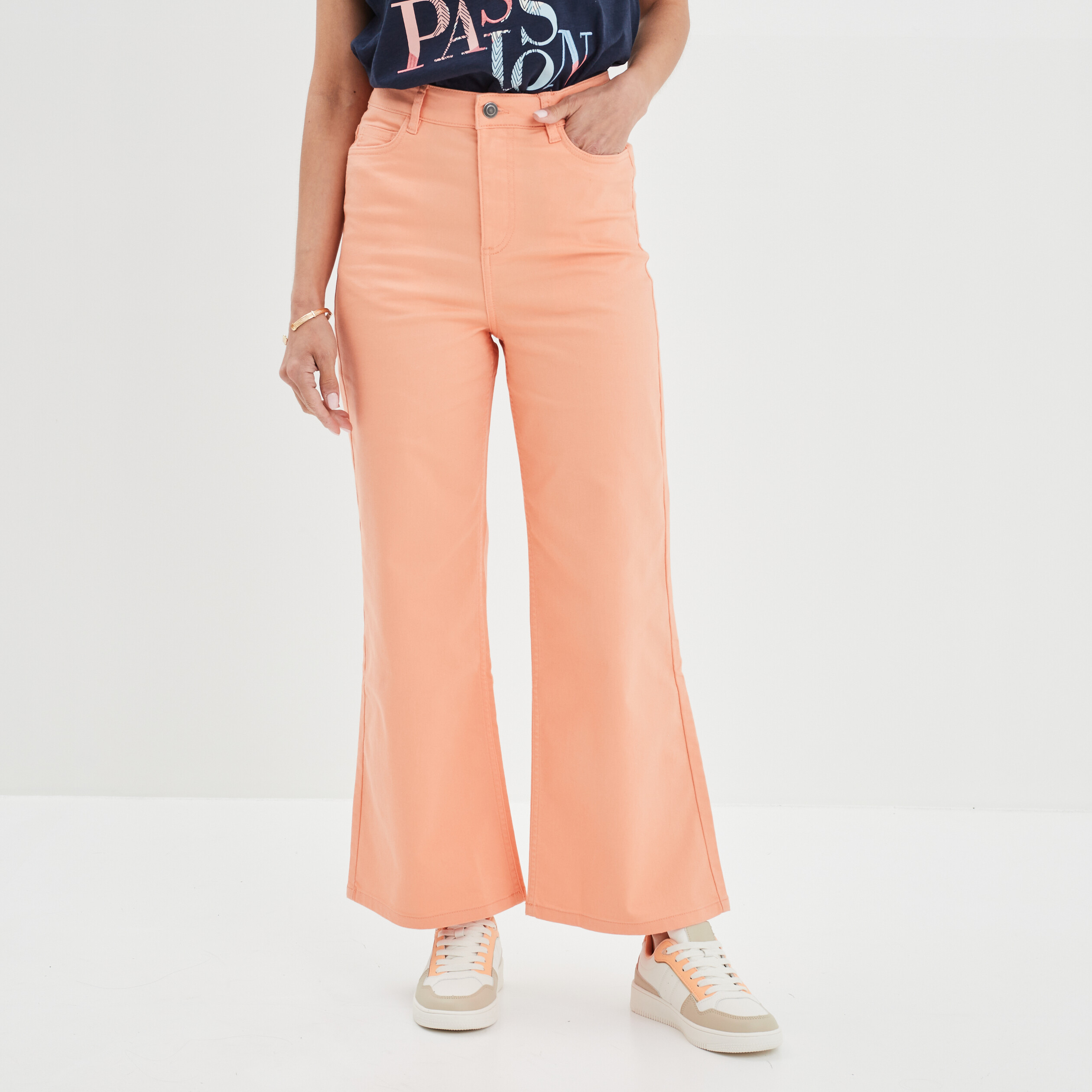 Pantalon wide leg crop taille haute orange clair femme | La Halle