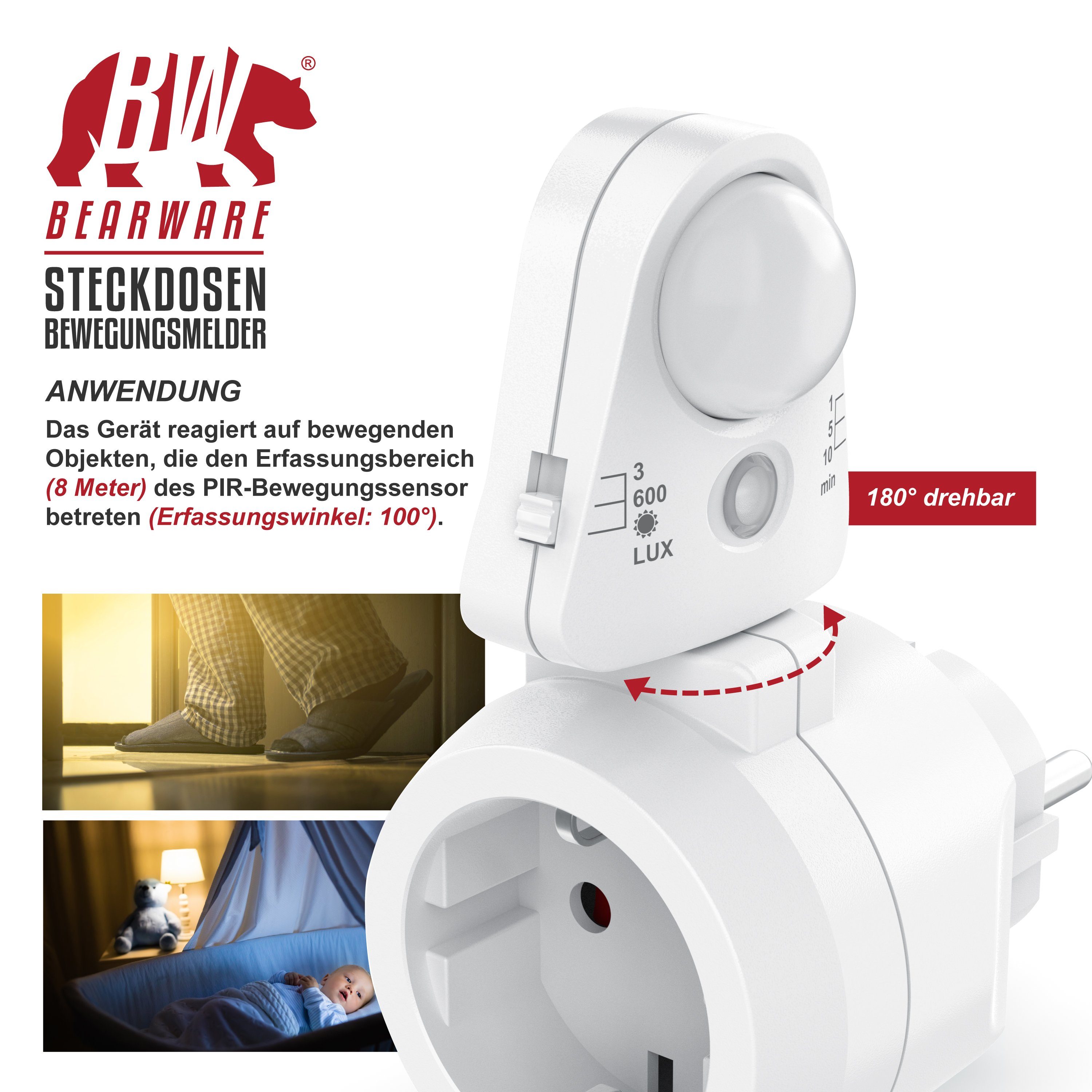 BEARWARE Steckdose, Bewegungsmelder mit Timer, Lichtsensor, Infrarotsensor, 2300 W