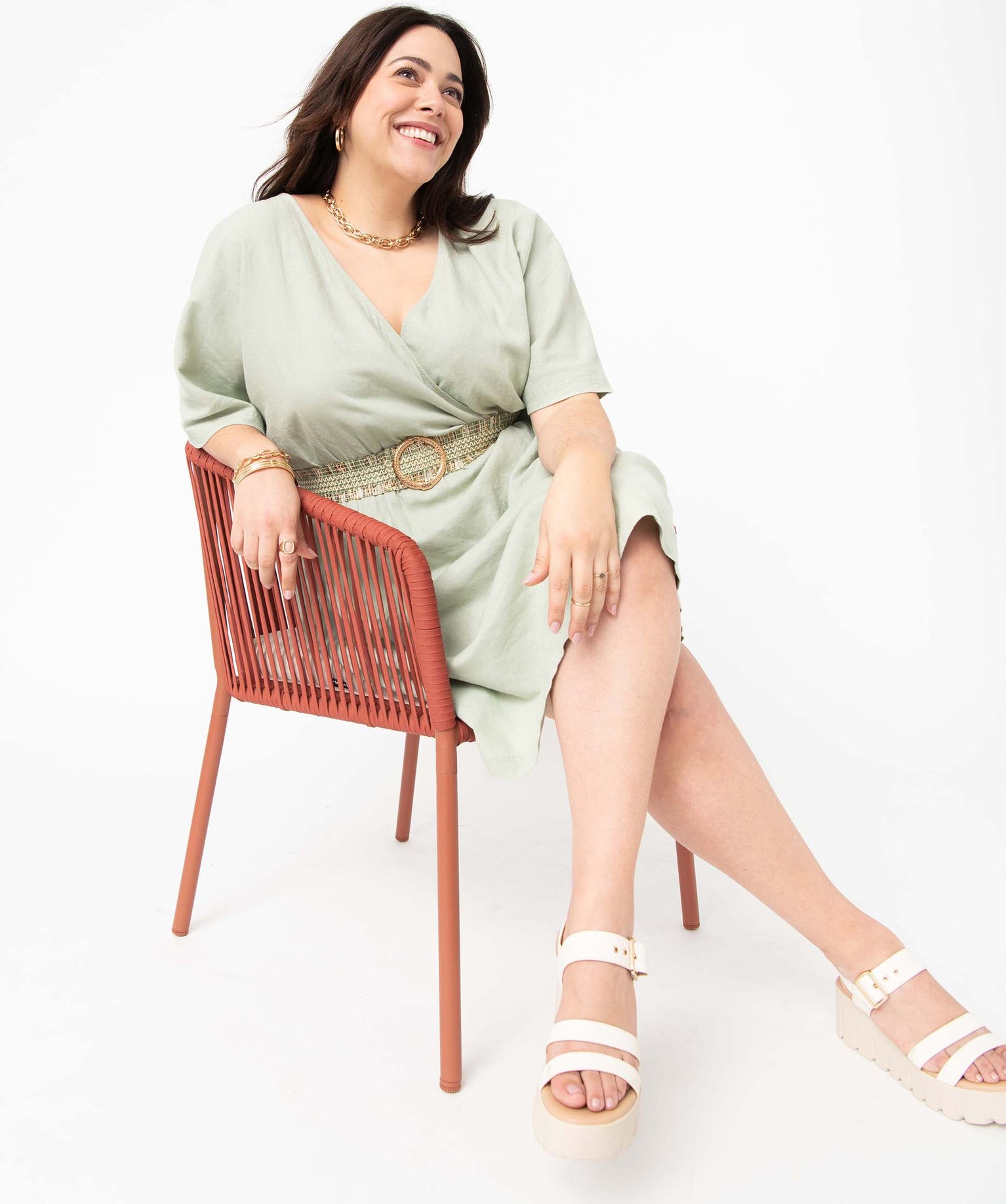 Robe femme grande taille en lin mélangé à col cache-cur beige | GEMO