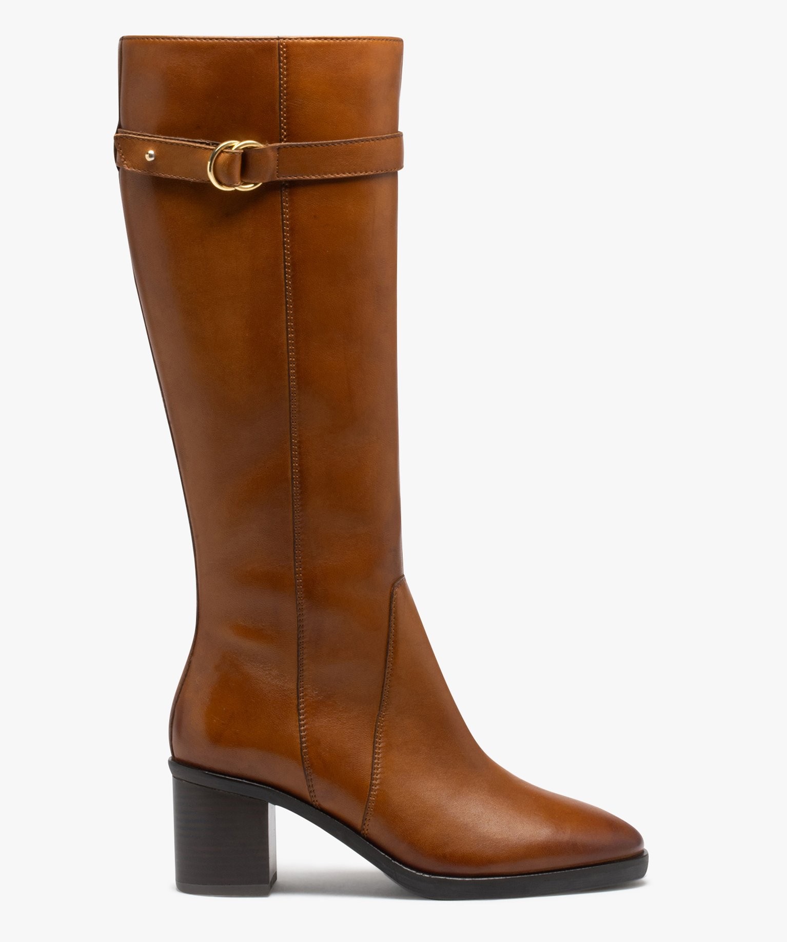 Bottes femme cavalières à talon avec dessus en cuir uni - ... camel | GEMO