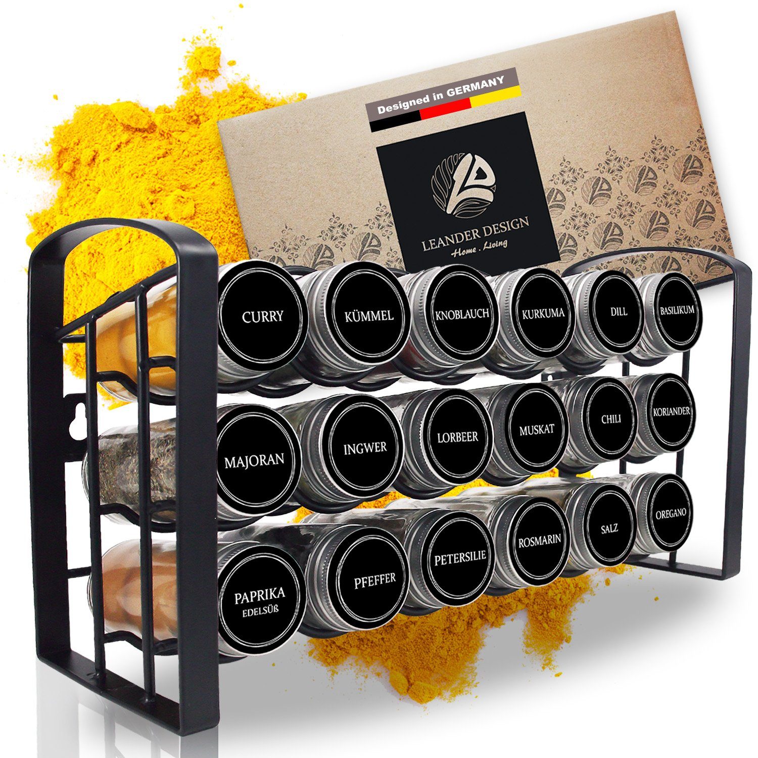 LEANDER DESIGN Gewürzregal, Komplett-Set, 18 Gewürzgläser, inklusive 54 Gewürzetiketten