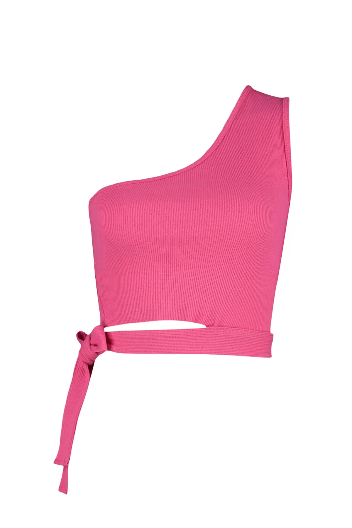 Trendyol Collection  Fuchsiafarbene, taillierte One-Shoulder-Bluse aus geripptem Strick mit Detail TWOSS22BZ1558