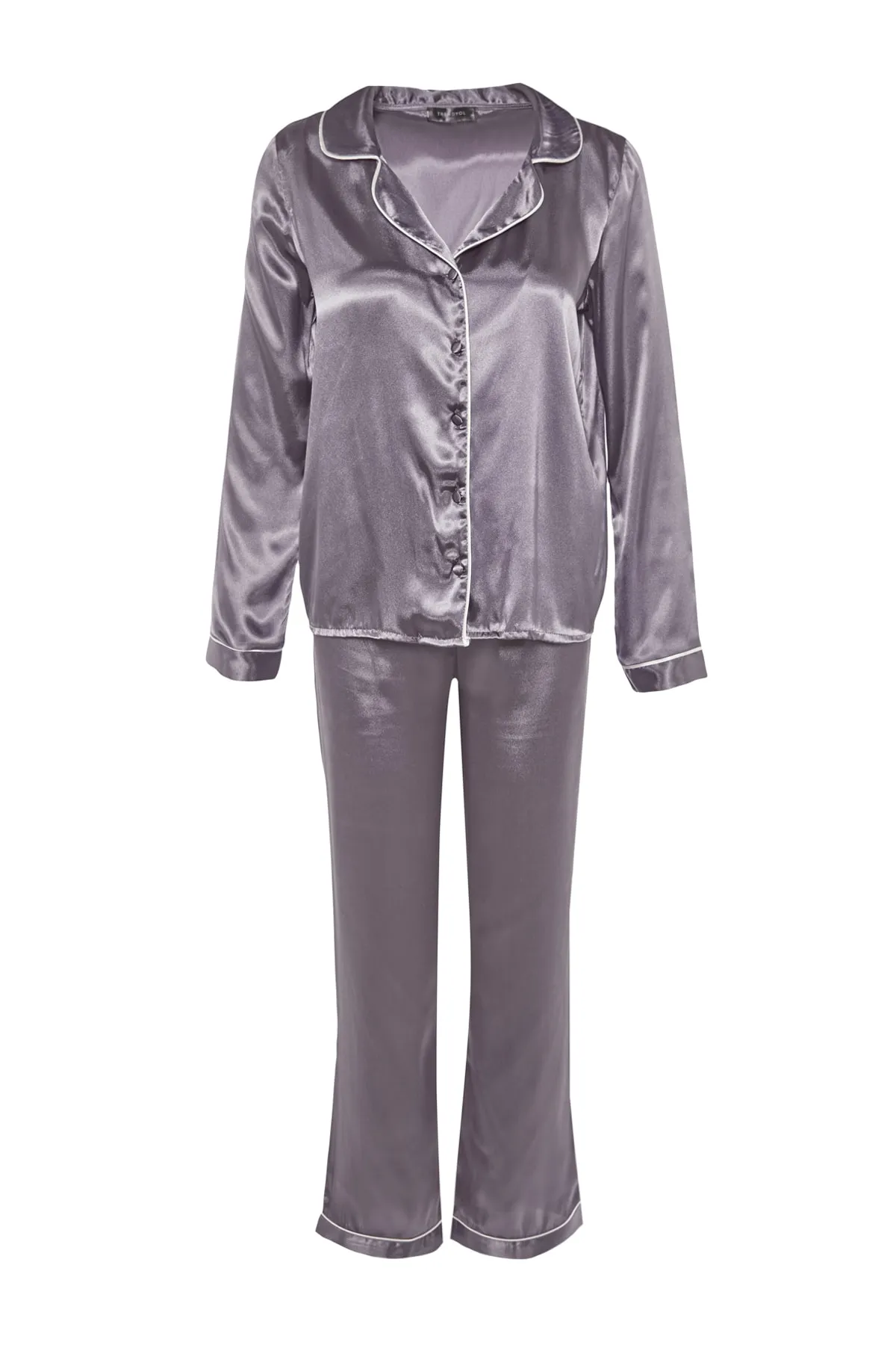 Trendyol Collection  Pyjama-Set aus gewebtem Satin mit Hemdkragen und geräucherter Paspelierung THMAW23PT00333
