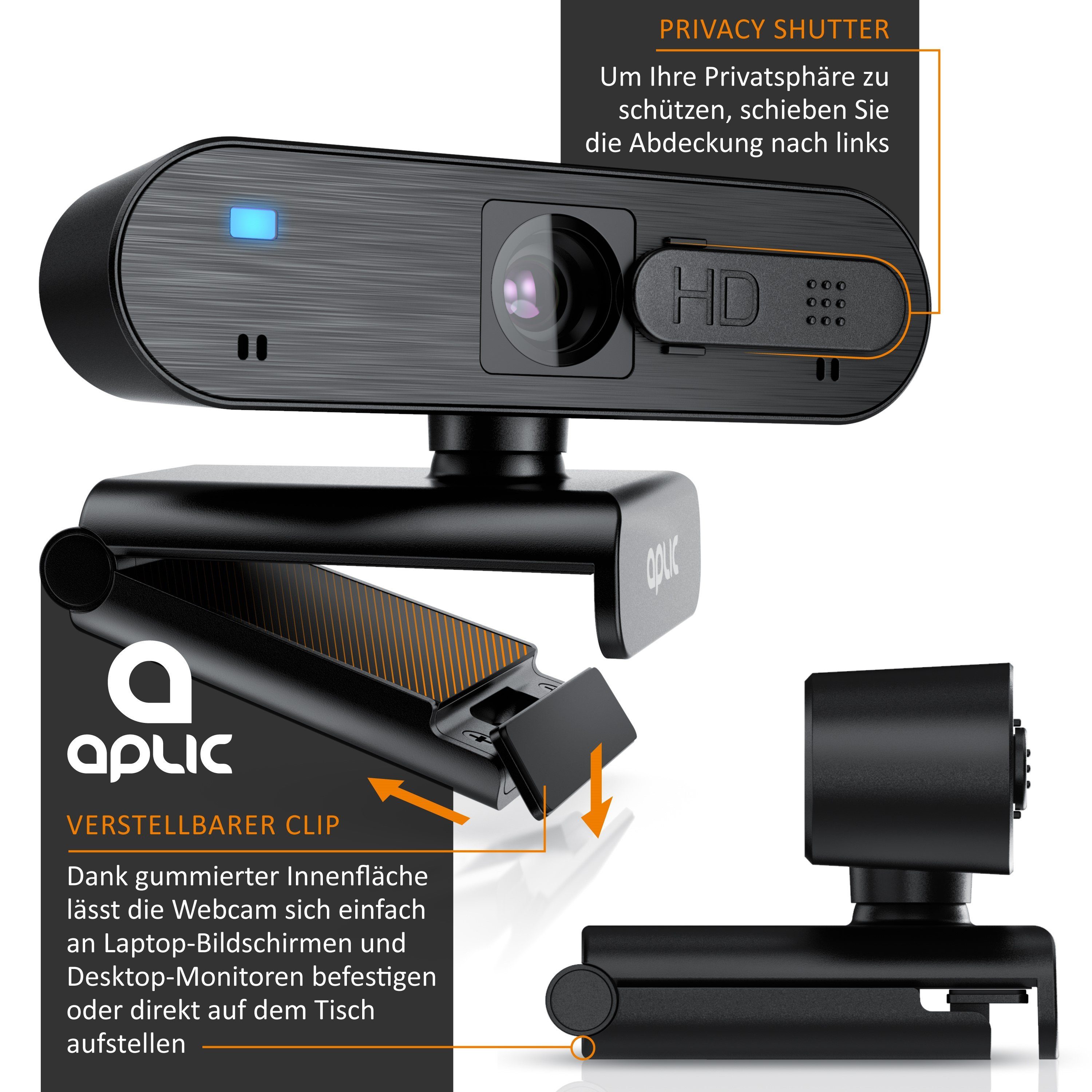 Aplic Full HD-Webcam (Full HD, 1920x1080@30Hz, Autofokus, Privacy Shutter Sichtschutz, Stereomikrofon)