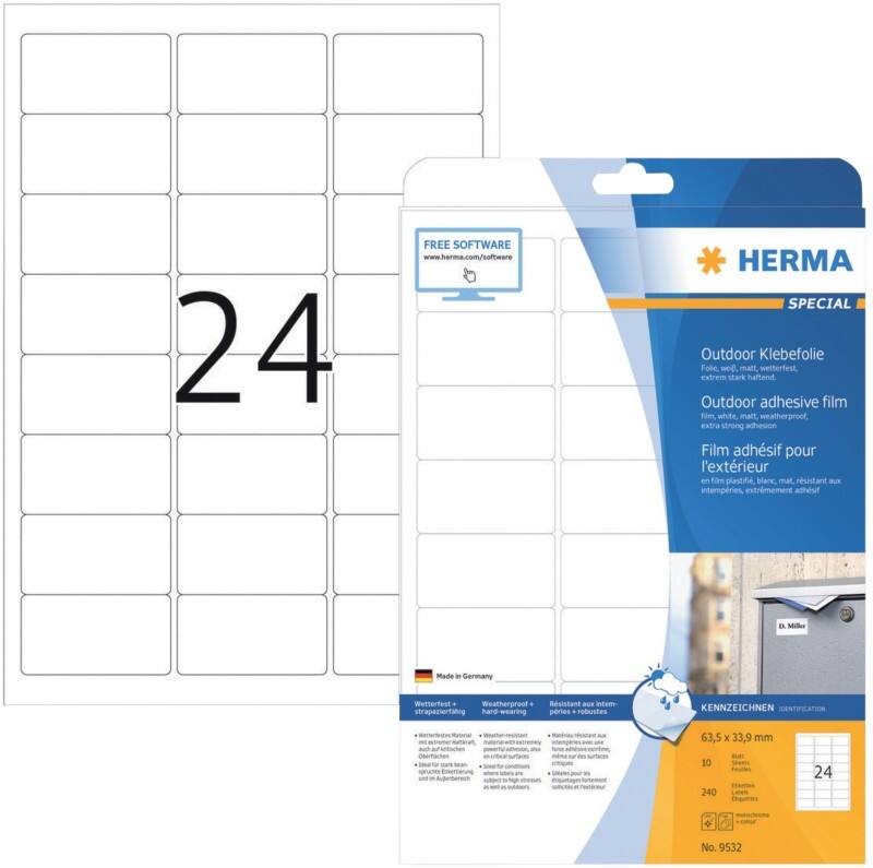 HERMA Outdoor Klebefolie 9532 Weiß DIN A4 63,5 x 33,9 mm 10 Blatt à 24 Etiketten