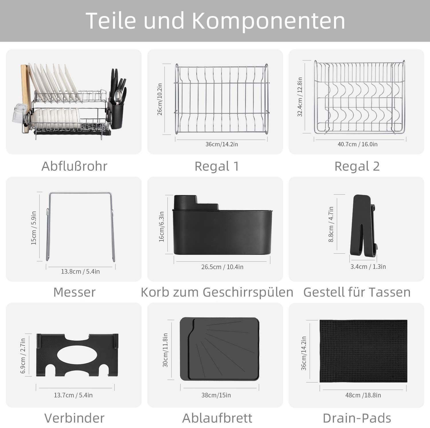 Daynee Geschirrständer Abtropfgestell,2 Ebenen Geschirrkorb Edelstahl, Zubehör für mit Utensilienmesserhalter und Schneidebretthalter, Abtropfmatte aus Mikrofaser, Abtropfgestell für die Küche