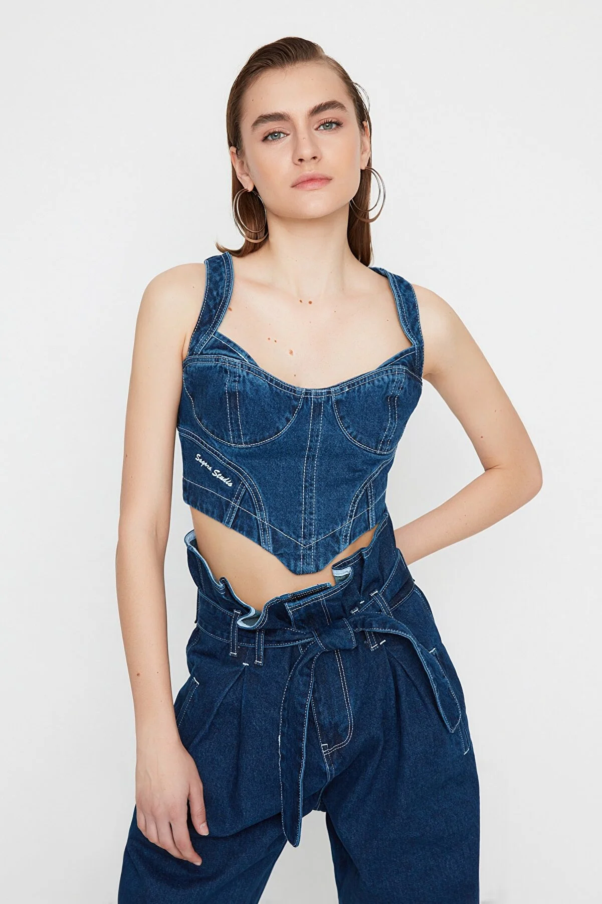 Trendyol Collection  X Sagaza Studio Marineblaue Jeansbluse TPRAW22BZ1118