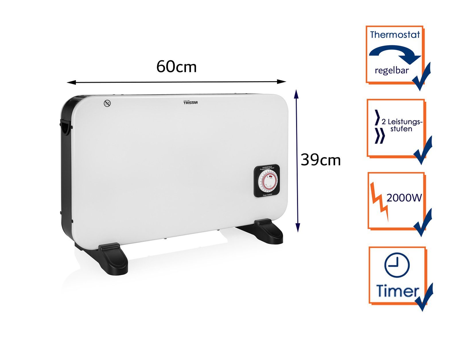 Tristar Konvektor, 2000 W, Zusatz-Heizung Elektroheizer mobiles Heizgerät Heizkonvektor für 25m²