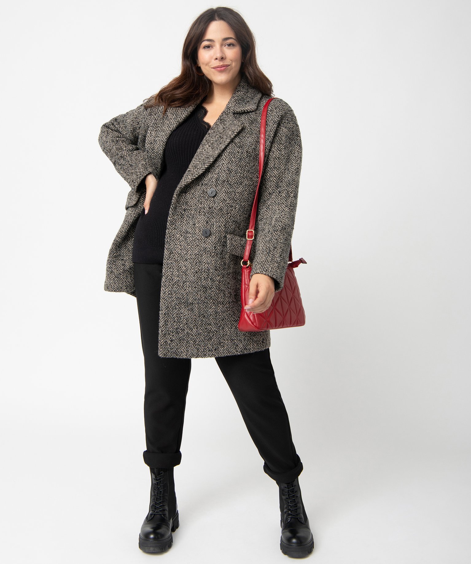 Manteau femme grande taille mi-long à chevrons beige | GEMO
