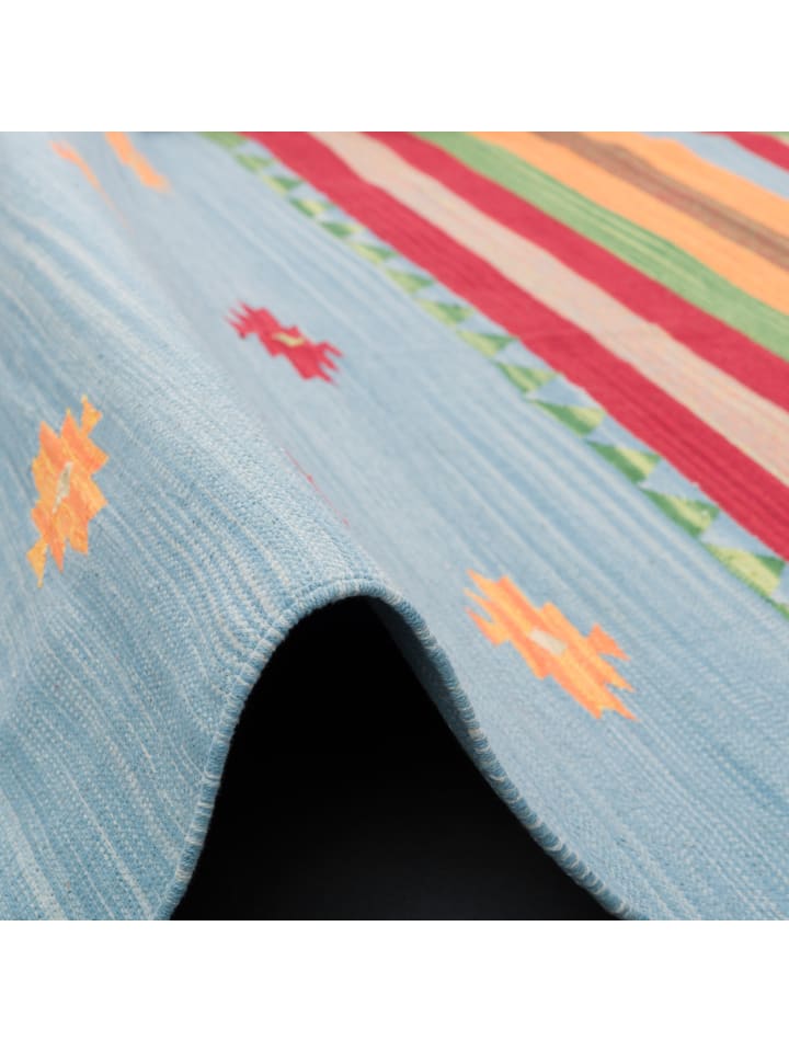 Pergamon Baumwolle Natur Kelim Teppich Lina Stripes in Blau günstig kaufen