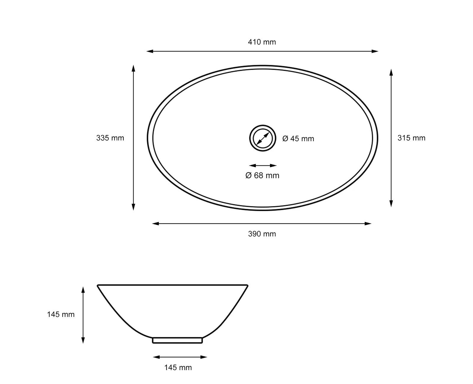 HAGO Aufsatzwaschbecken Keramik Waschbecken oval 410x335x145 mm schwarz matt ohne Überlauf
