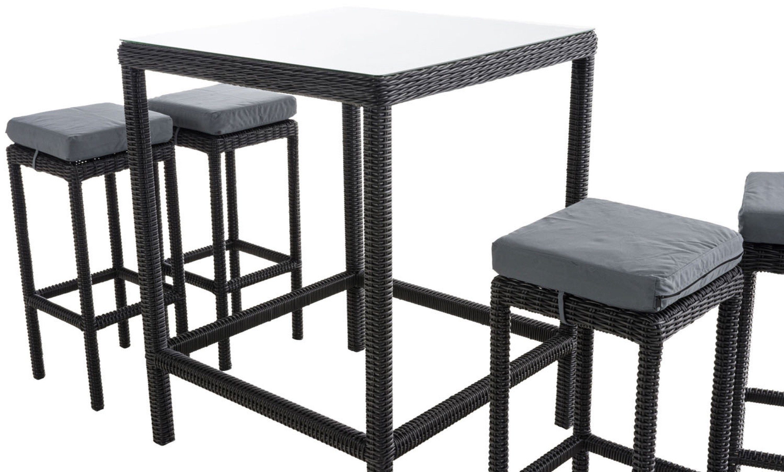 TPFGarden Gartenbar-Set Alina - aus 5mm Polyrattan und Aluminium-Gestell, (Stehtisch-Set mit 4 Hockern und Kunstlederauflagen, Gartenlounge-Set - wasserfest, pflegeleicht und UV-beständig), Maße (TxBxH): Tisch 84 x 84 x 110,5cm - Hocker 37 x 37 x 74,