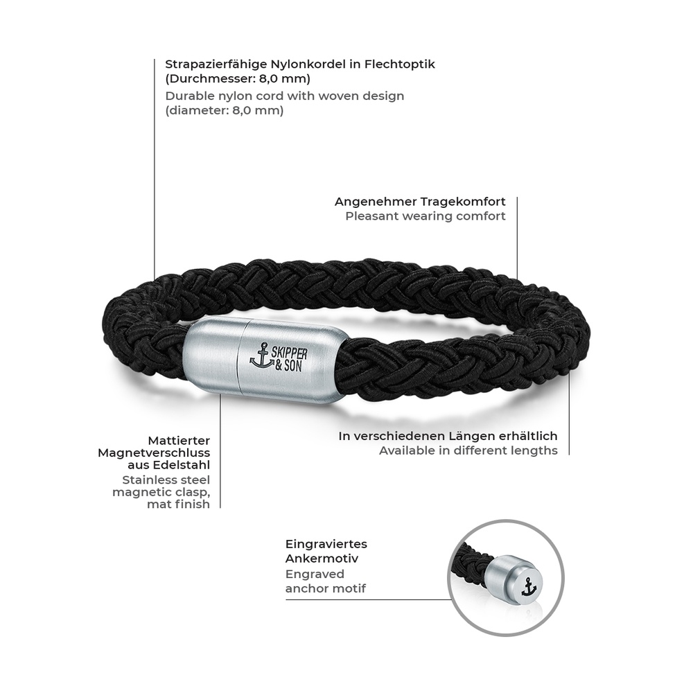 Skipper & Son Bracelet en acier inoxydable Nylon en Noir Bracelet